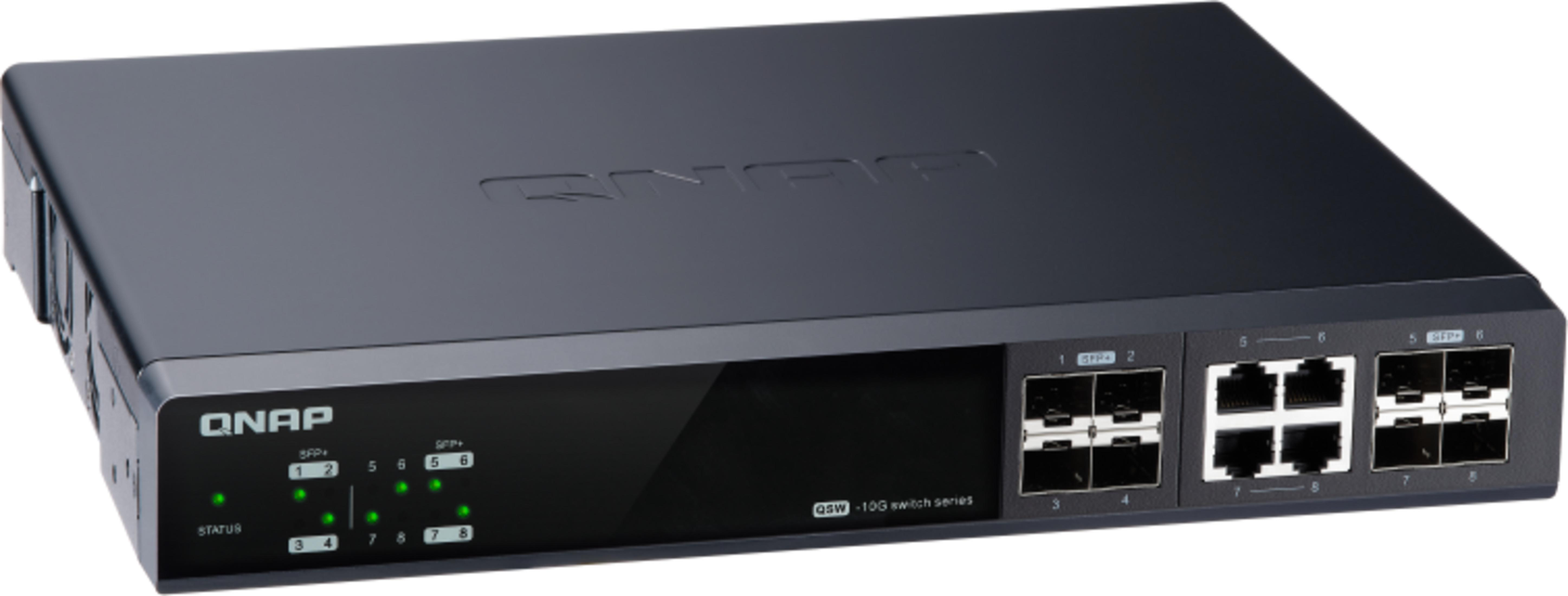 Uno switch di rete QNAP grigio a 8 porte con LED di stato verdi.