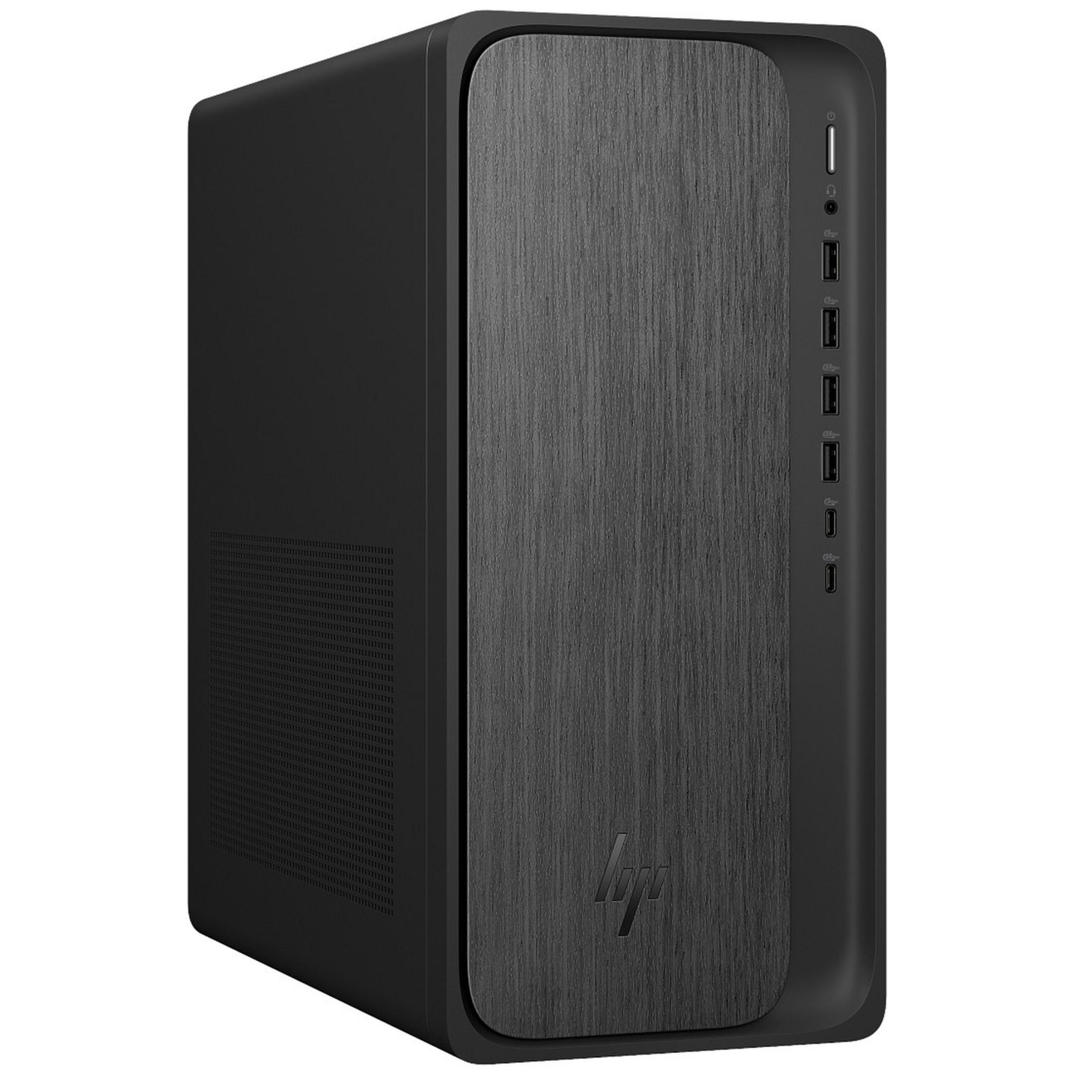 A black HP desktop tower with a brushed metal front panel and ports.