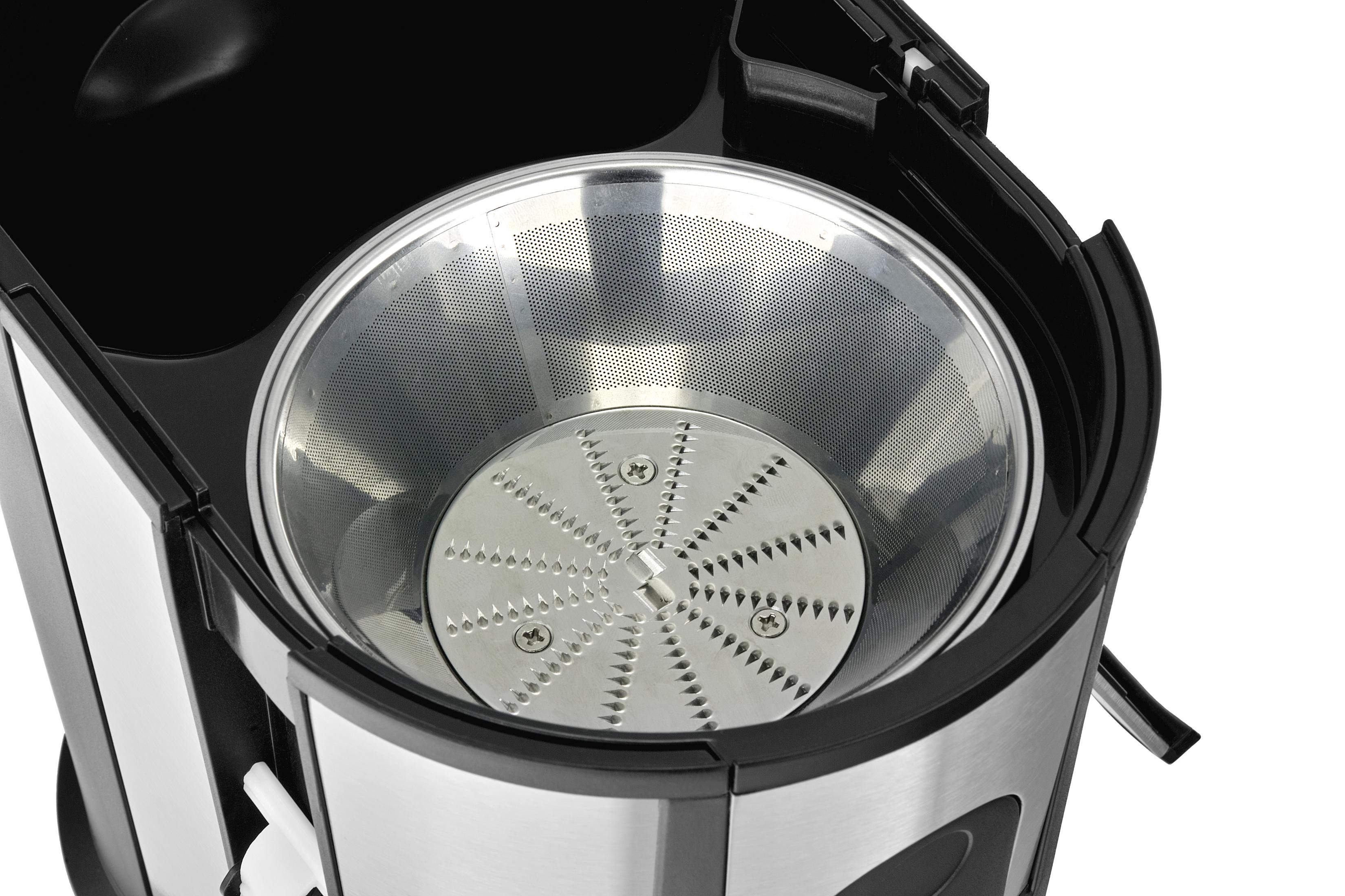 Close-up of a juicer's cutting blade with a metal filter and black housing.