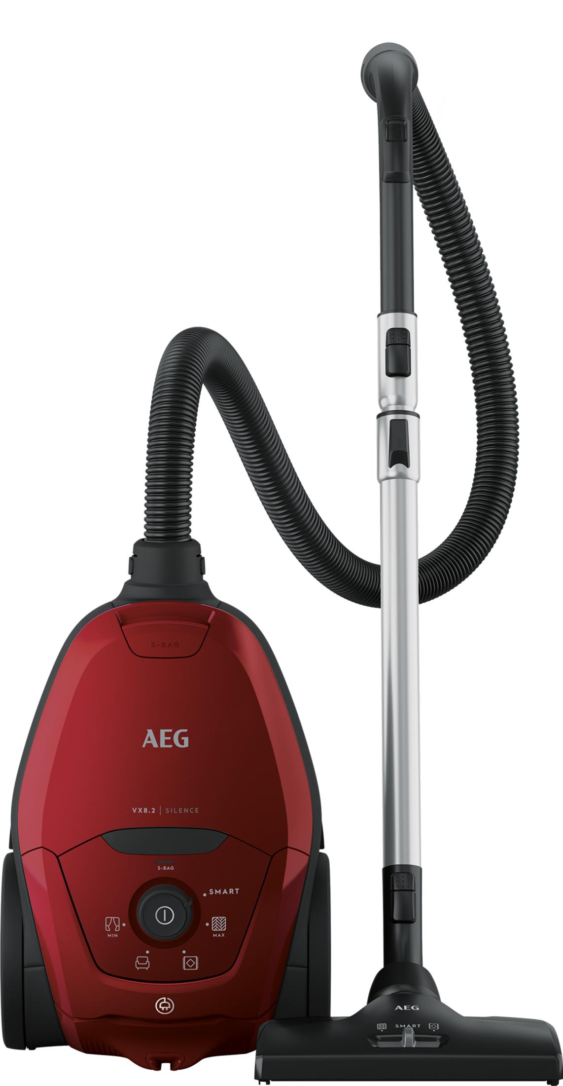 Aspirapolvere AEG rosso con tubo e manico su sfondo bianco.