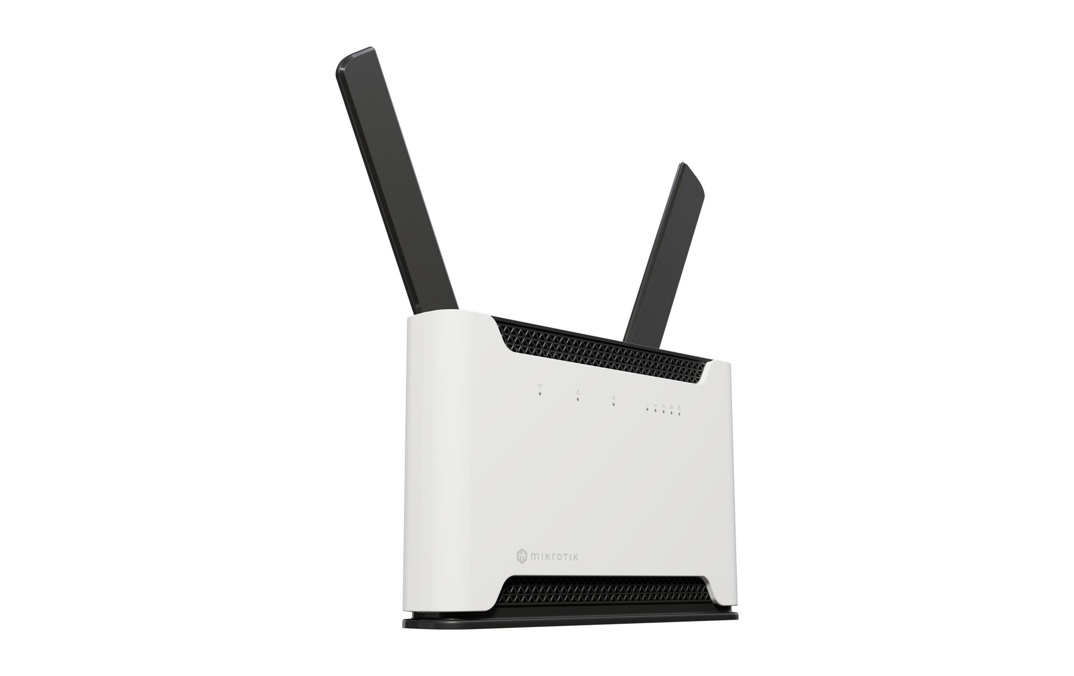 Ein weißer Router mit zwei schwarzen Antennen auf einem weißen Hintergrund.
