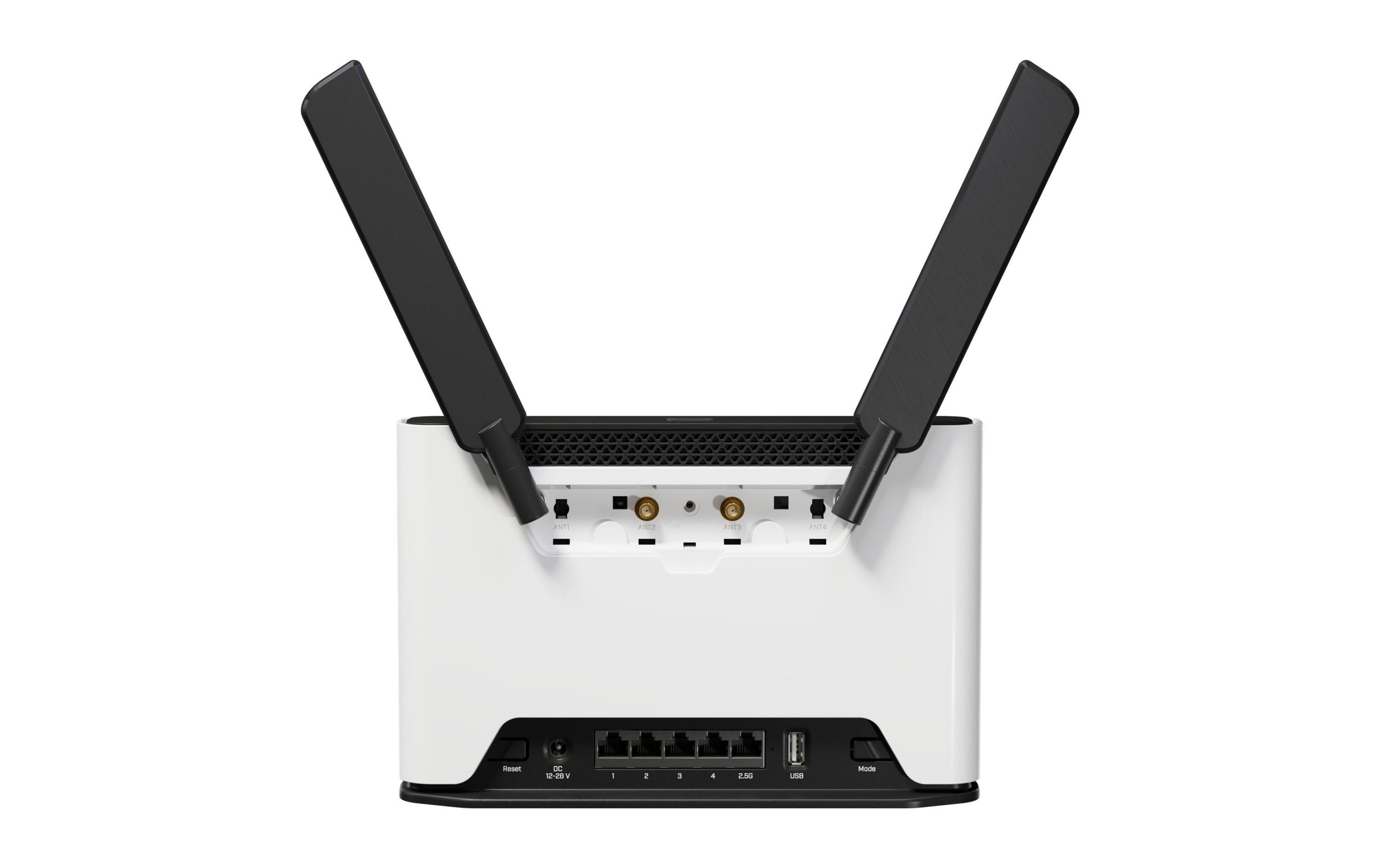 Ein weißer Router mit zwei schwarzen Antennen und Anschlüssen.