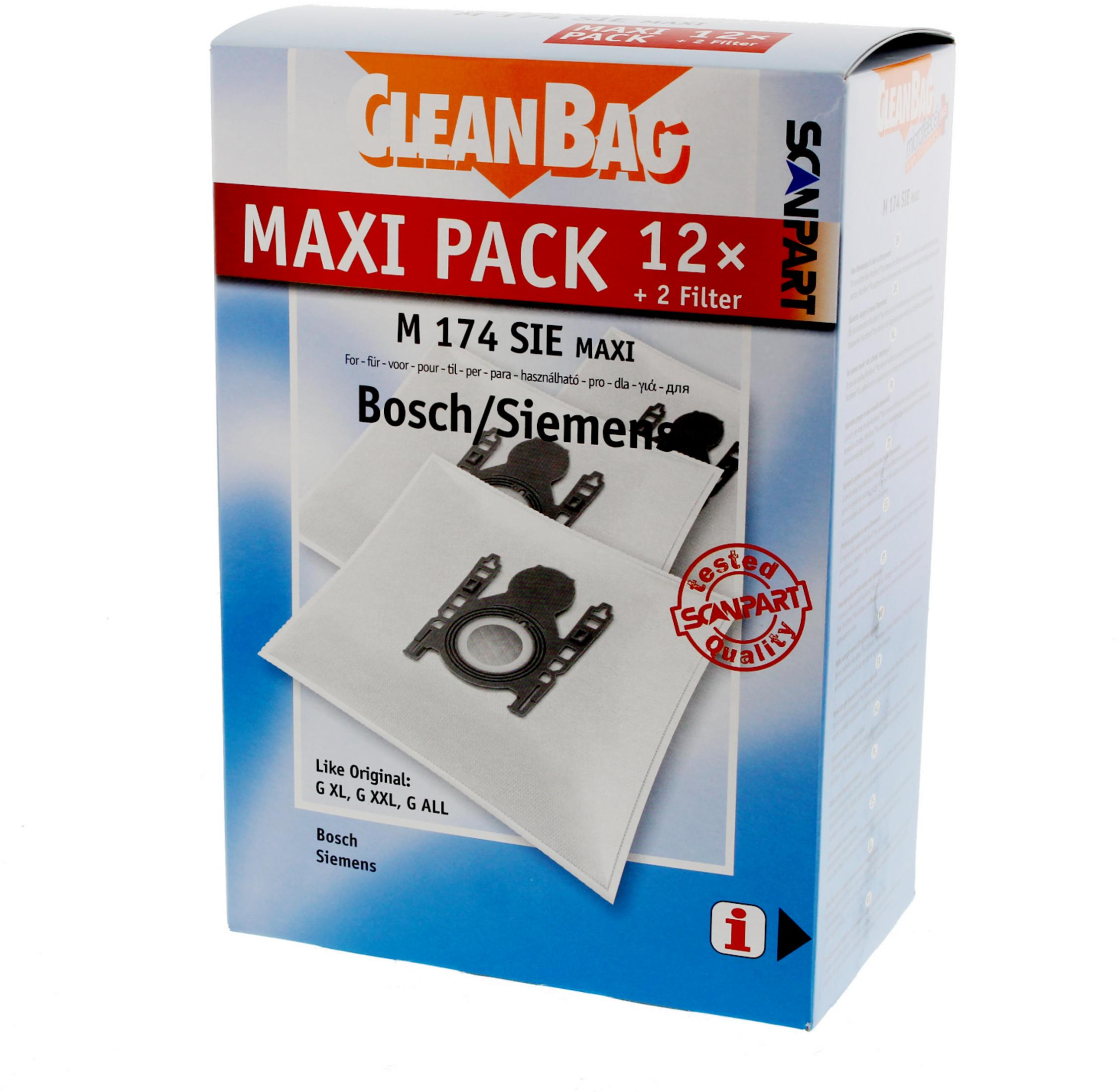 Bolsas aspirador Cleanbag maxi pack, 12+2 filtros, para Bosch/Siemens. Caja blanca y azul.