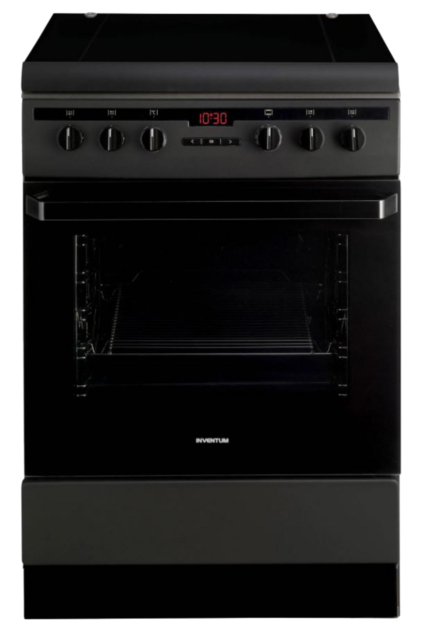 Een zwarte oven met digitale klok 10:30 en vijf draaiknoppen.