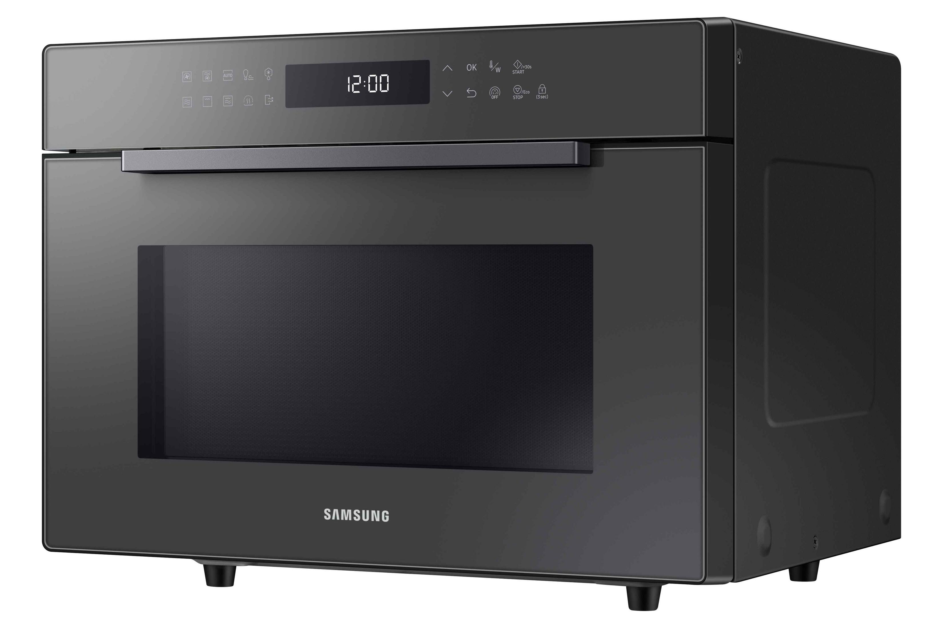 Forno a microonde Samsung grigio scuro con display digitale (12:00) e pannello touch.