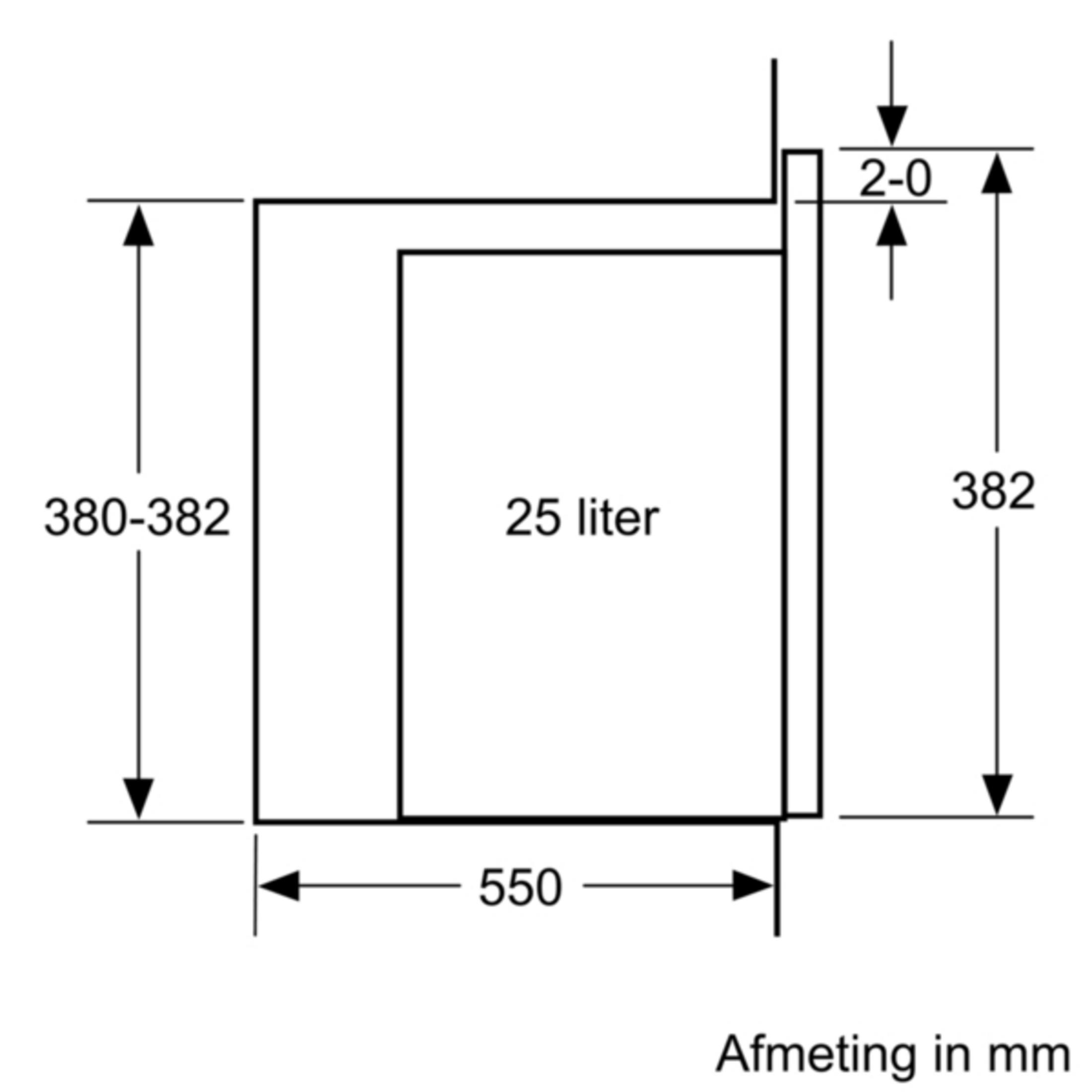 Technische tekening met afmetingen in mm. Een rechthoek van 550mm breed, 380-382mm hoog. Inhoud 25 liter.