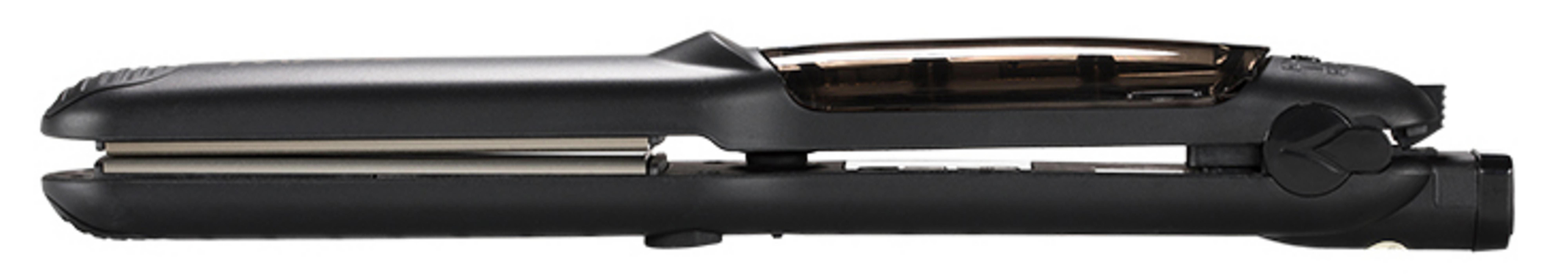 Black hair straightener with a clear window and silver plates.