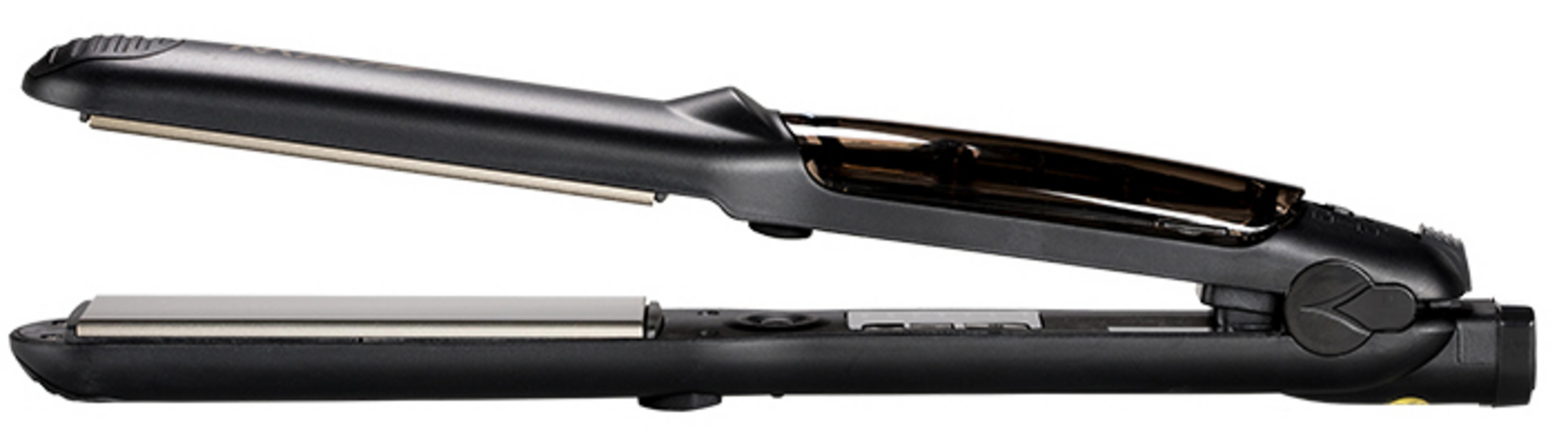 Black hair straightener with metallic plates and a transparent upper section.