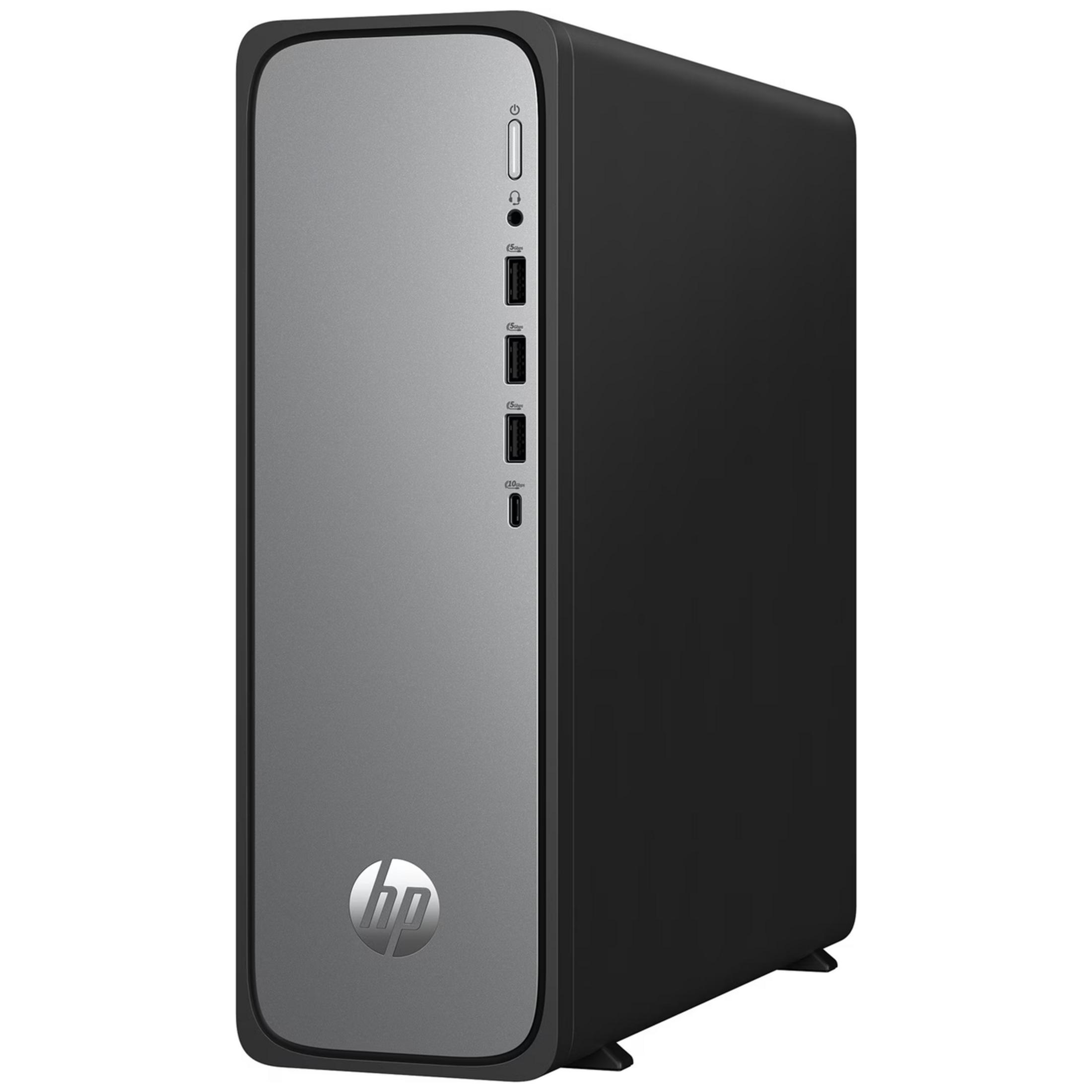 A black and silver HP desktop computer tower with USB ports and headphone jack.