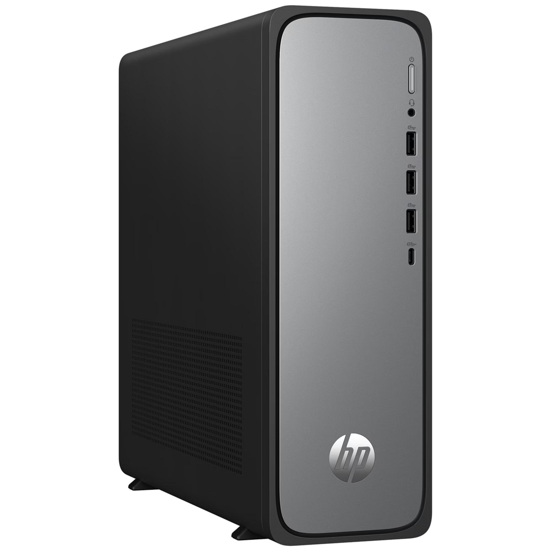 A black and silver HP desktop computer tower stands on a white surface.
