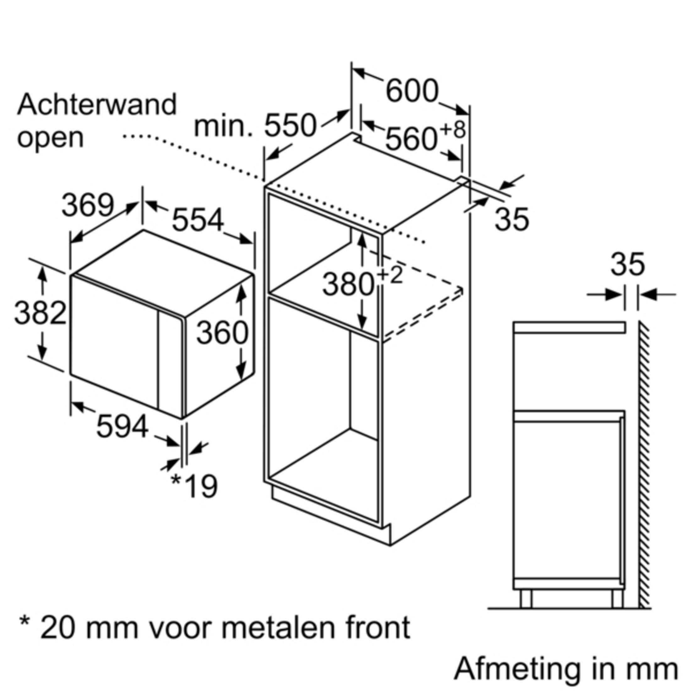 Technische tekening van een inbouwapparaat met afmetingen in mm. Achterwand open.