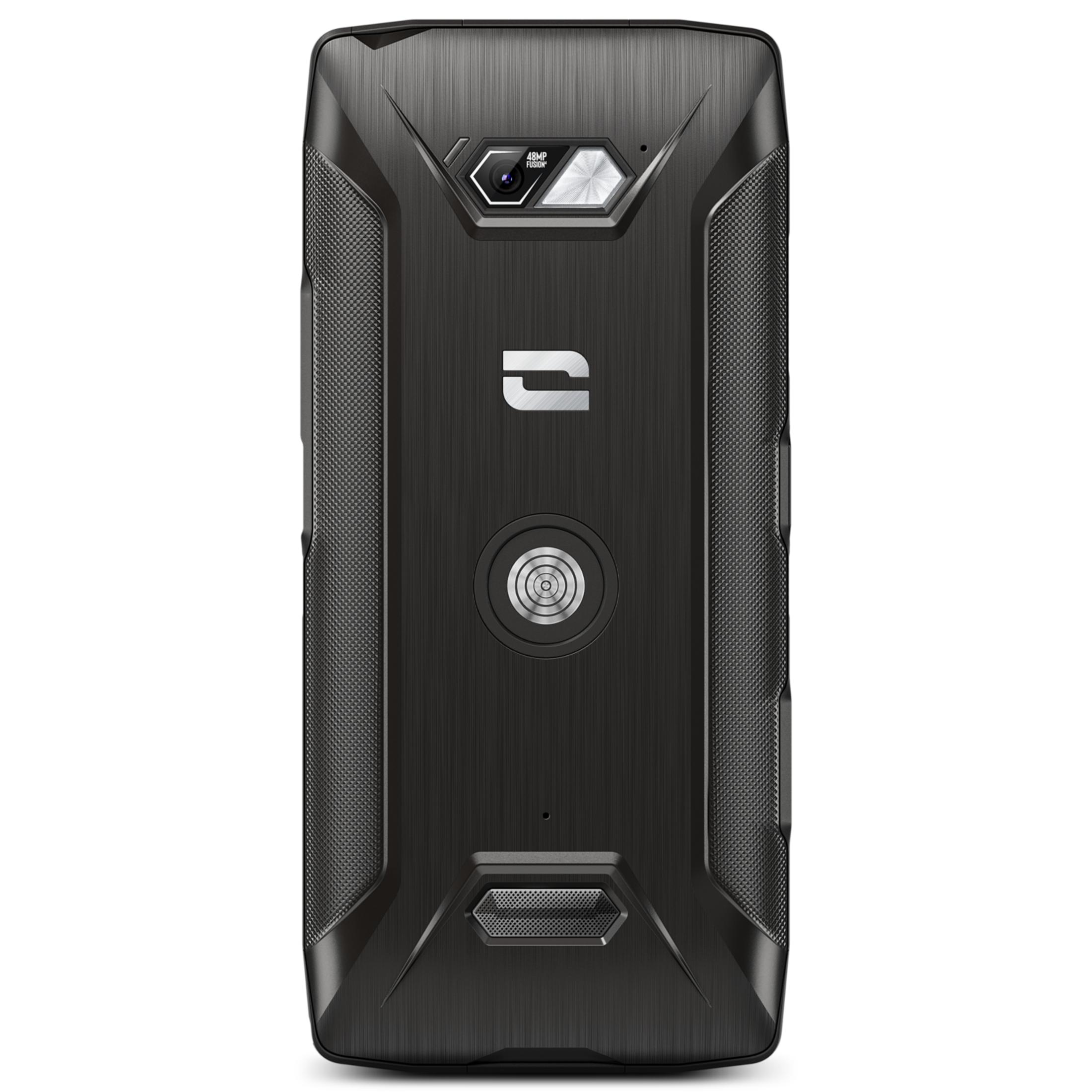 Rückseite eines schwarzen robusten Smartphones mit 48MP-Kamera und Fingerabdrucksensor.
