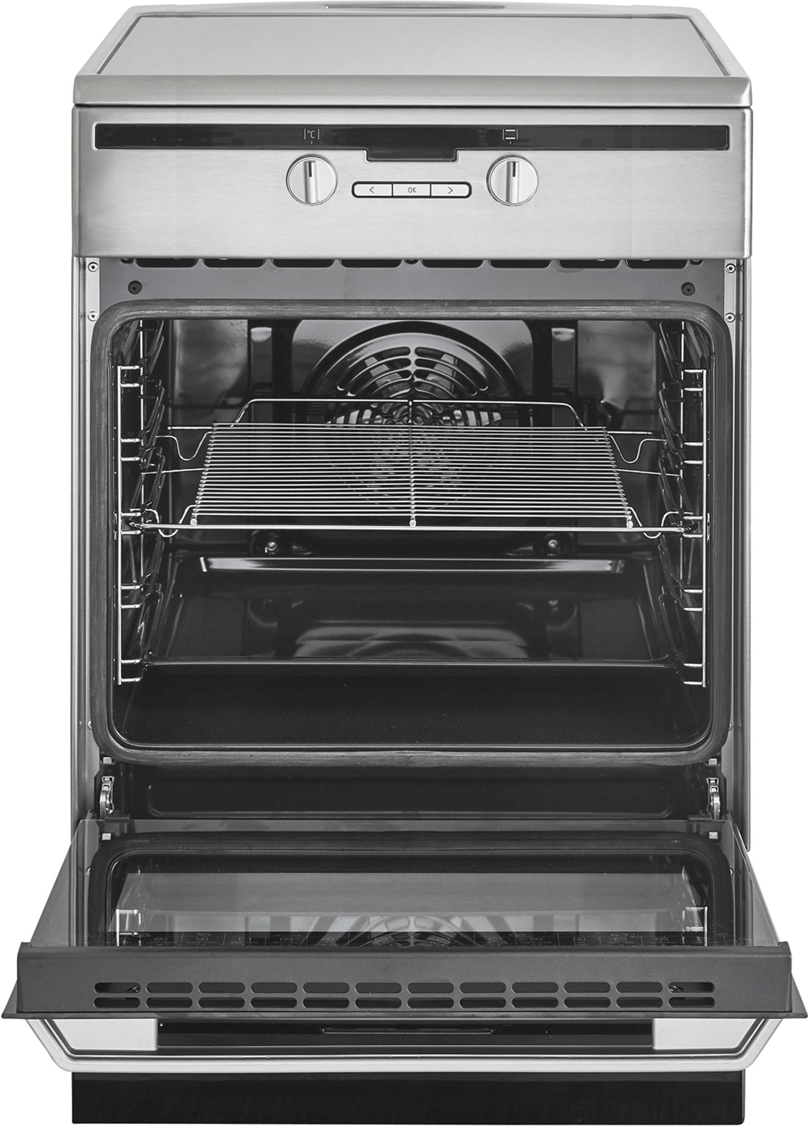 Open roestvrijstalen oven met grillrooster, bakplaat en bedieningspaneel.
