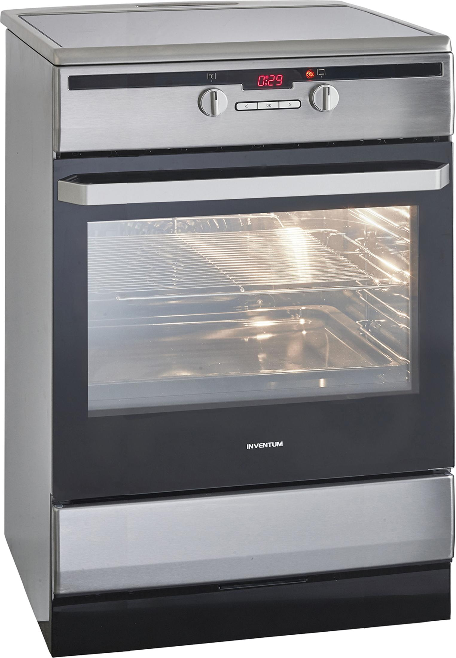 Rvs oven met verlicht interieur en digitale klok.