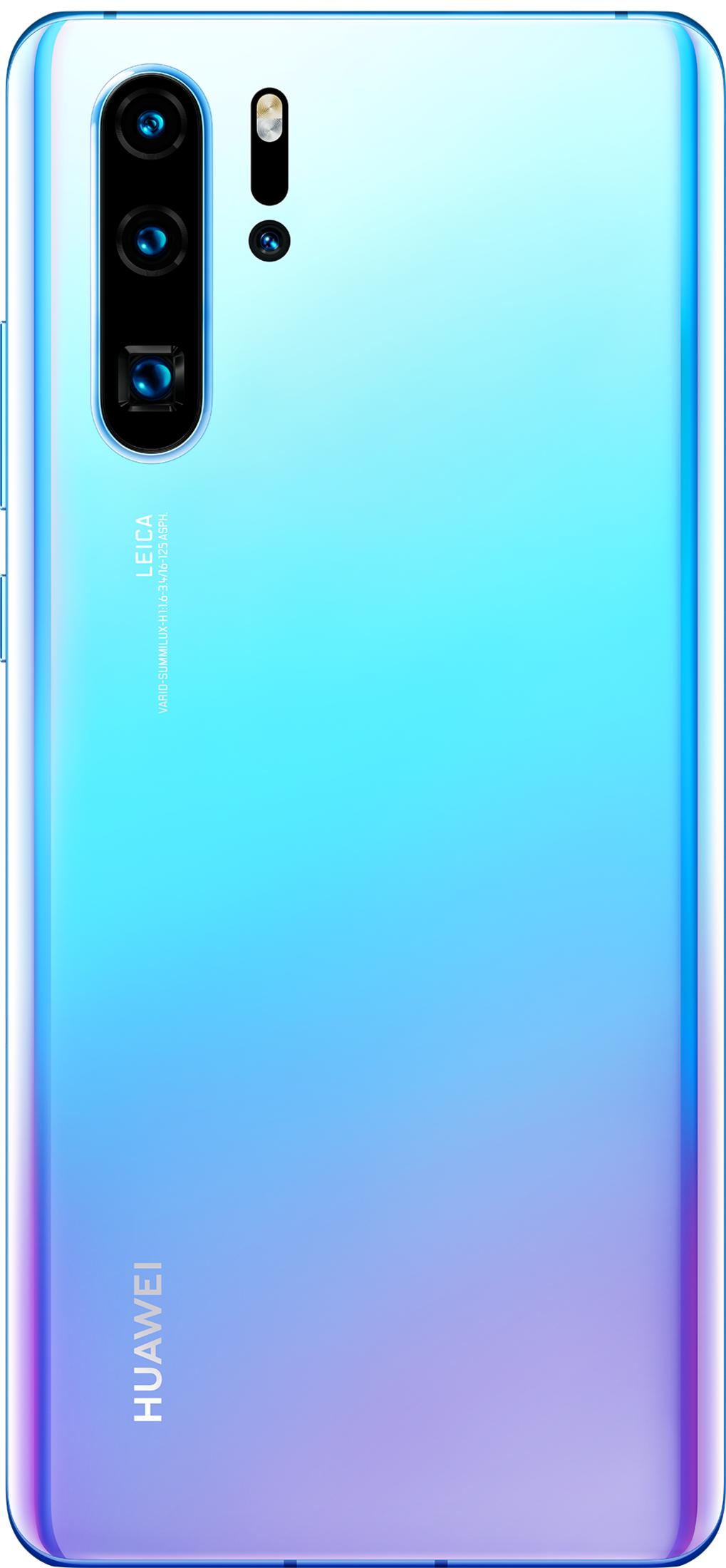 Achterkant van een blauwe Huawei smartphone met een drievoudig camerasysteem en flitser.