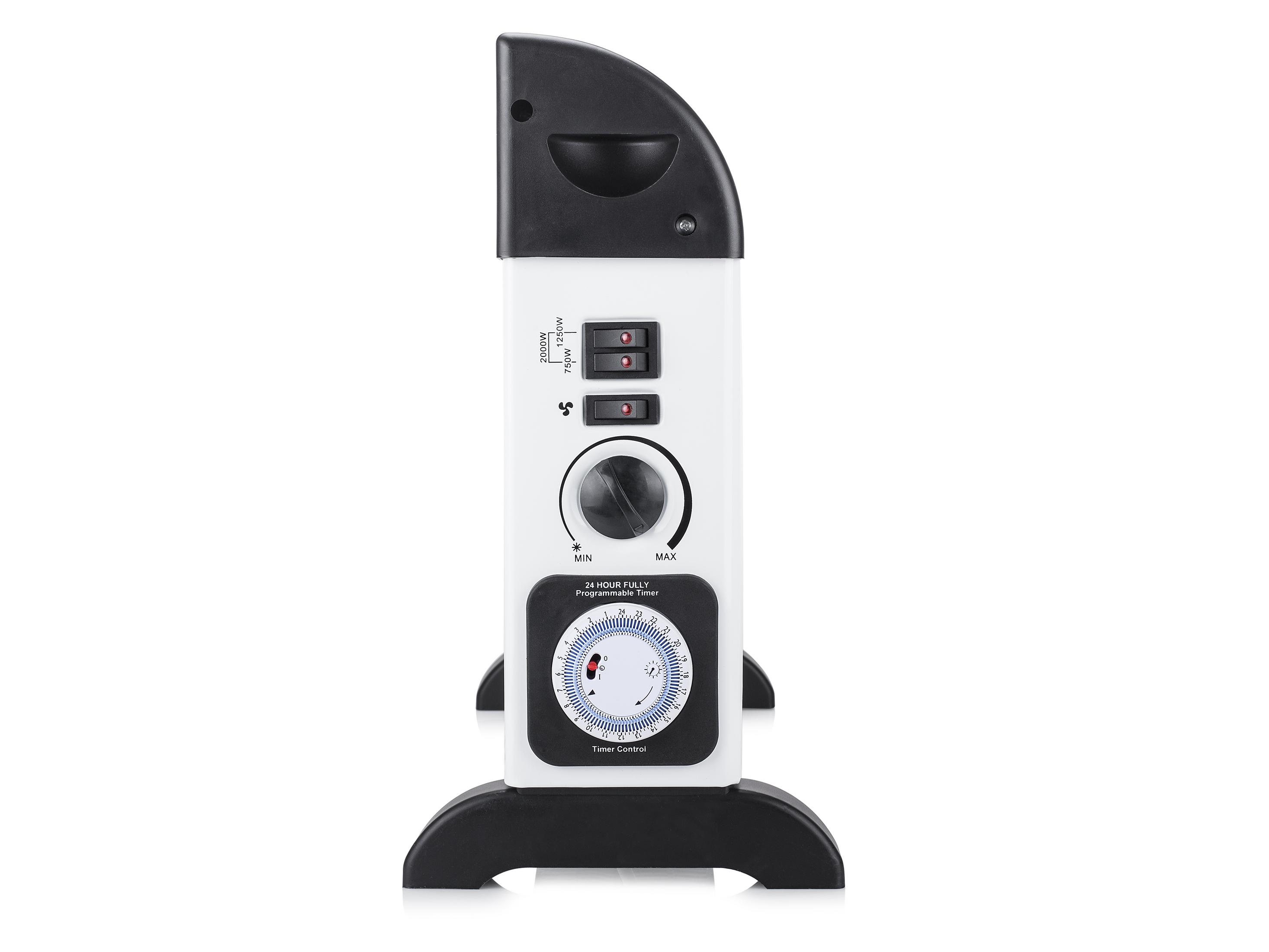 Un termosifone bianco con controlli neri e timer da 24 ore.