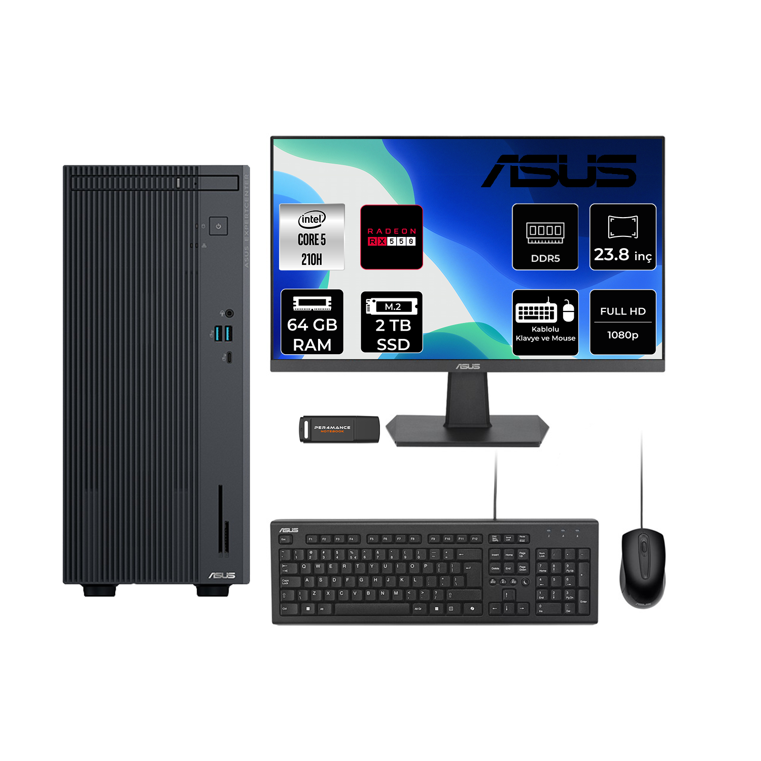 ASUS EC P500MV RX550 4GB 23.8" P500C52108512B0DP615 PER4 Bellek Intel Core 5 210H 64 GB RAM 2 TB SSD FreeDOS Masaüstü Bilgisayar