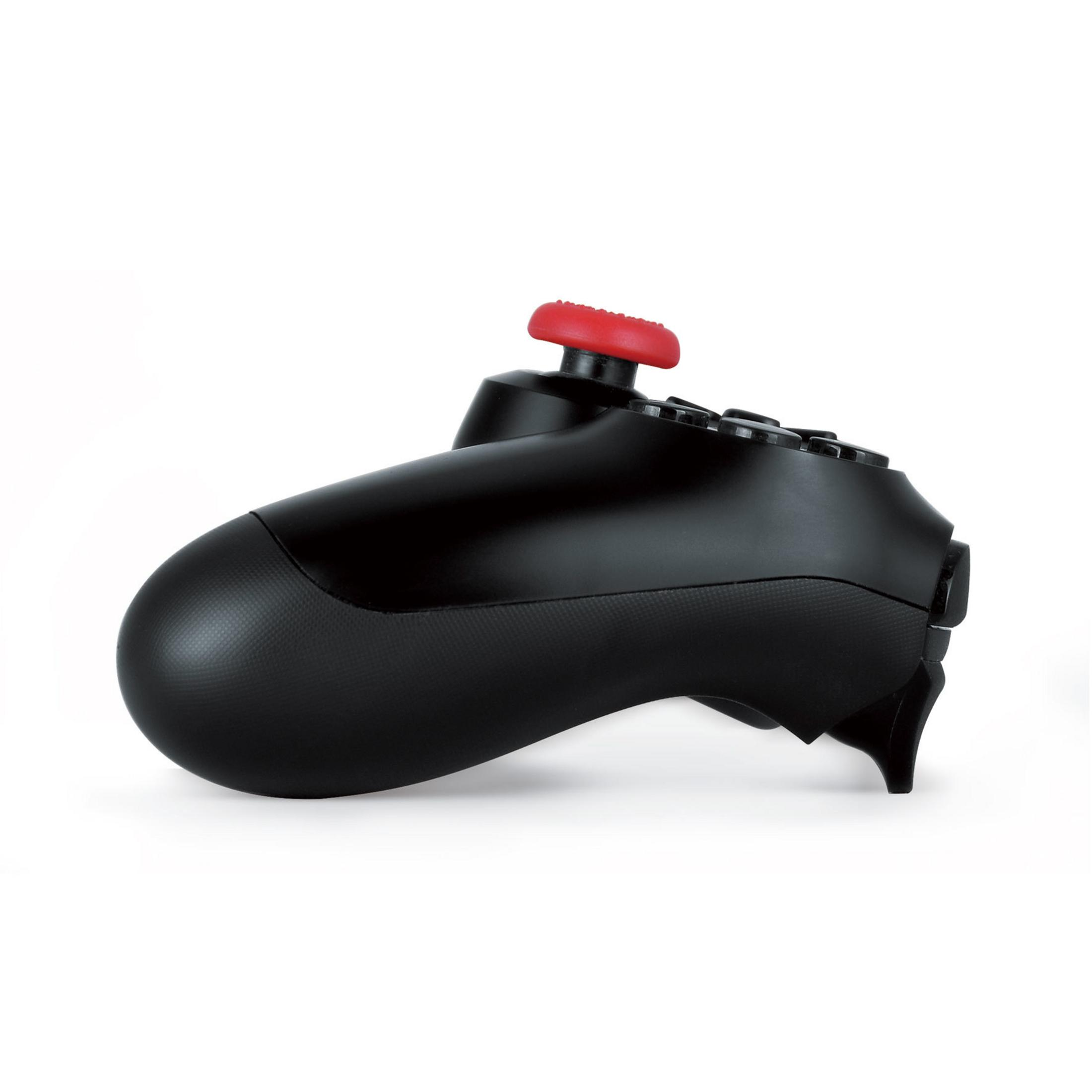 Schwarzer Gaming-Controller mit rotem Steuerknüppel, auf weißem Hintergrund.