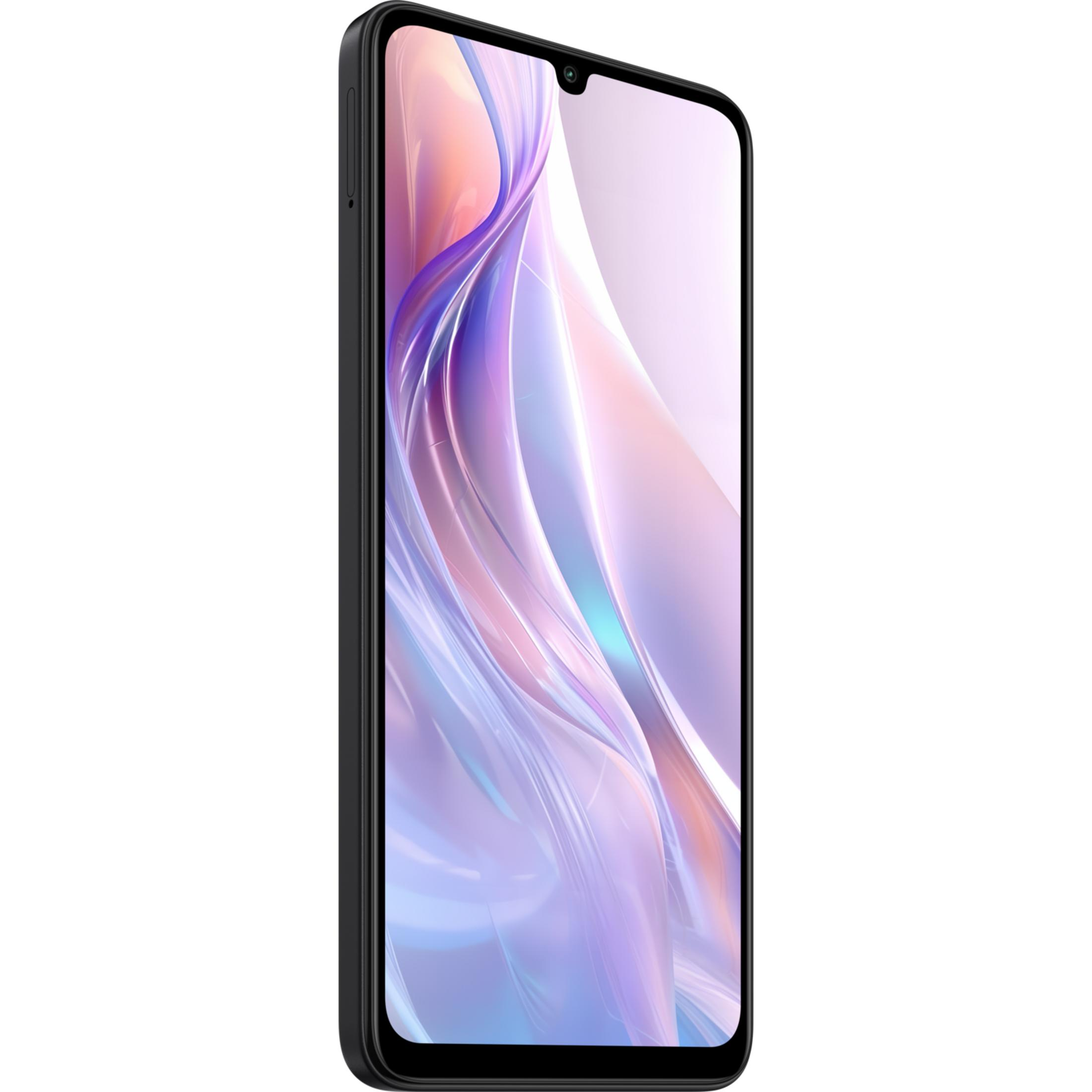 Czarny smartfon wyświetla kolorowe, abstrakcyjne tło na ekranie.