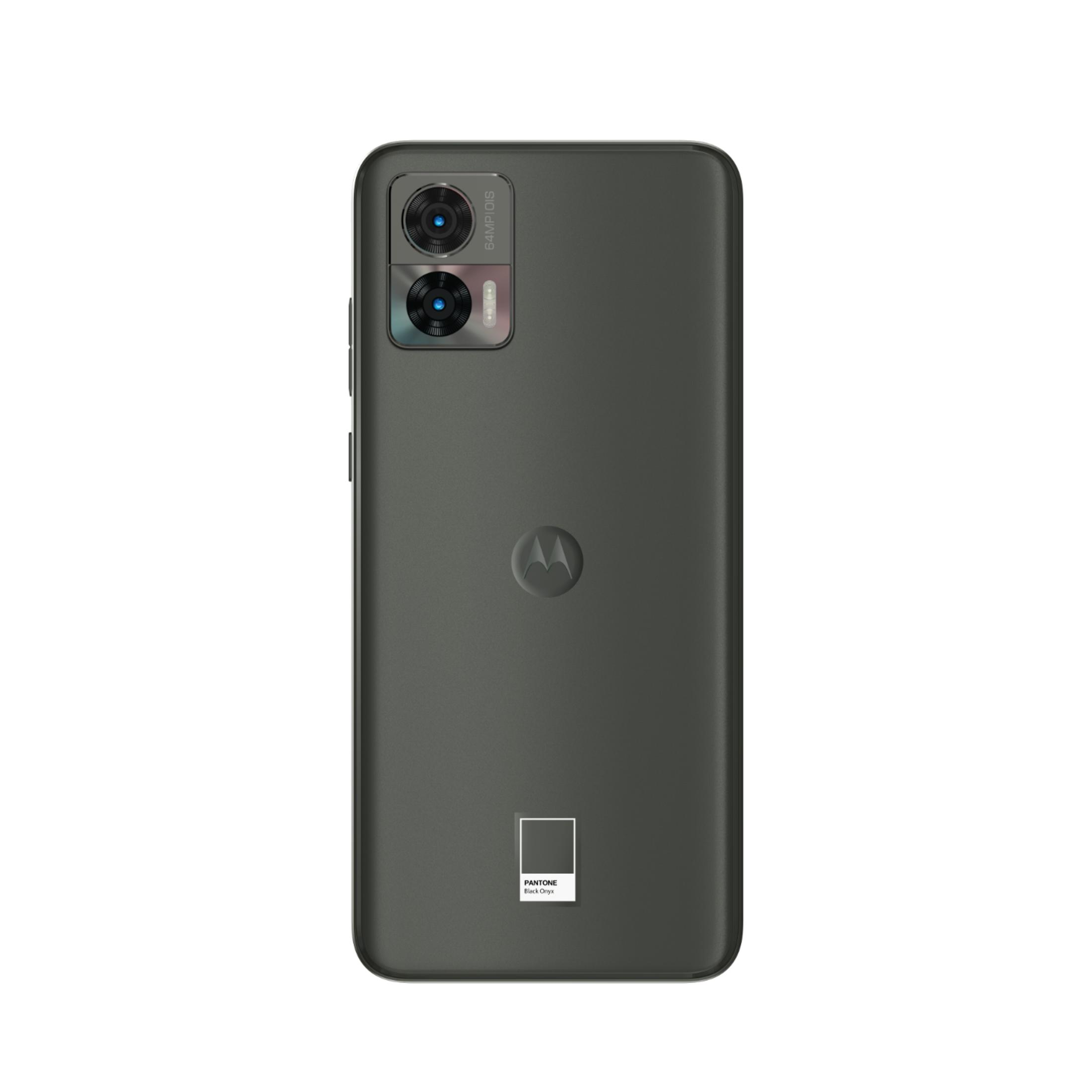 Rückseite eines dunklen Motorola-Handys mit zwei Kameras und einem Pantone-Logo.