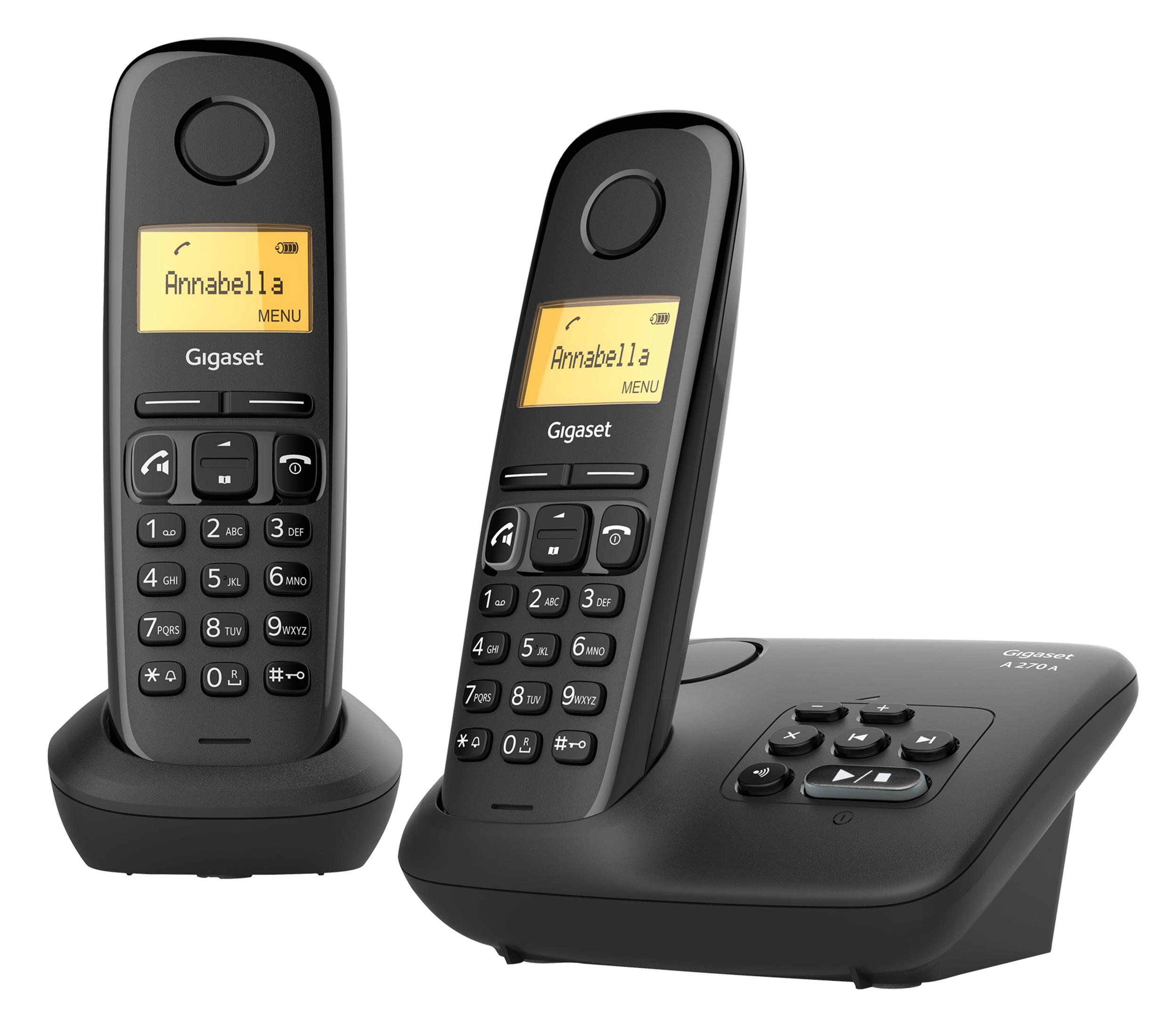 Een zwarte Gigaset draadloze telefoon met basisstation.