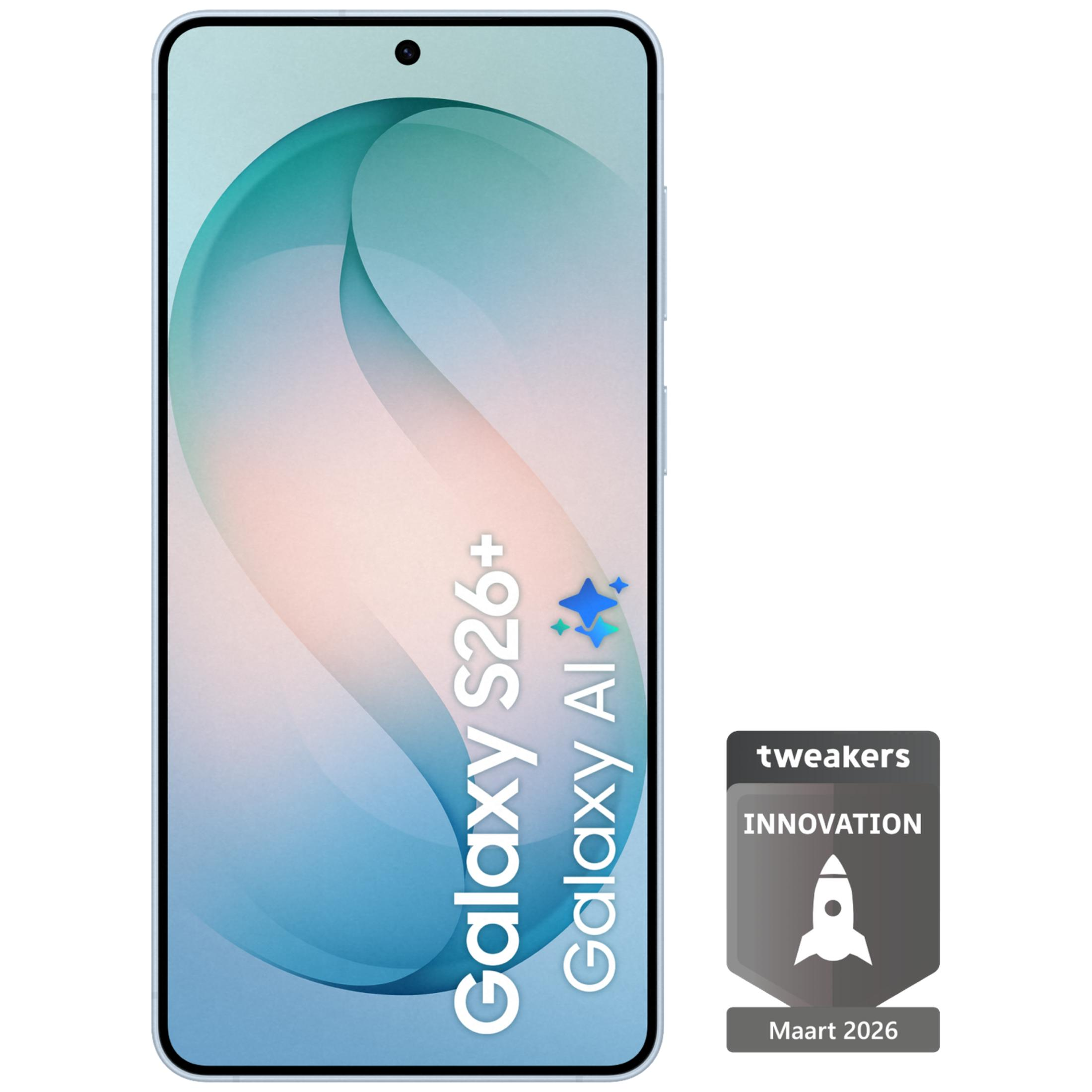 Smartfon z napisem "Galaxy S26+ Galaxy AI" i odznaką innowacji.