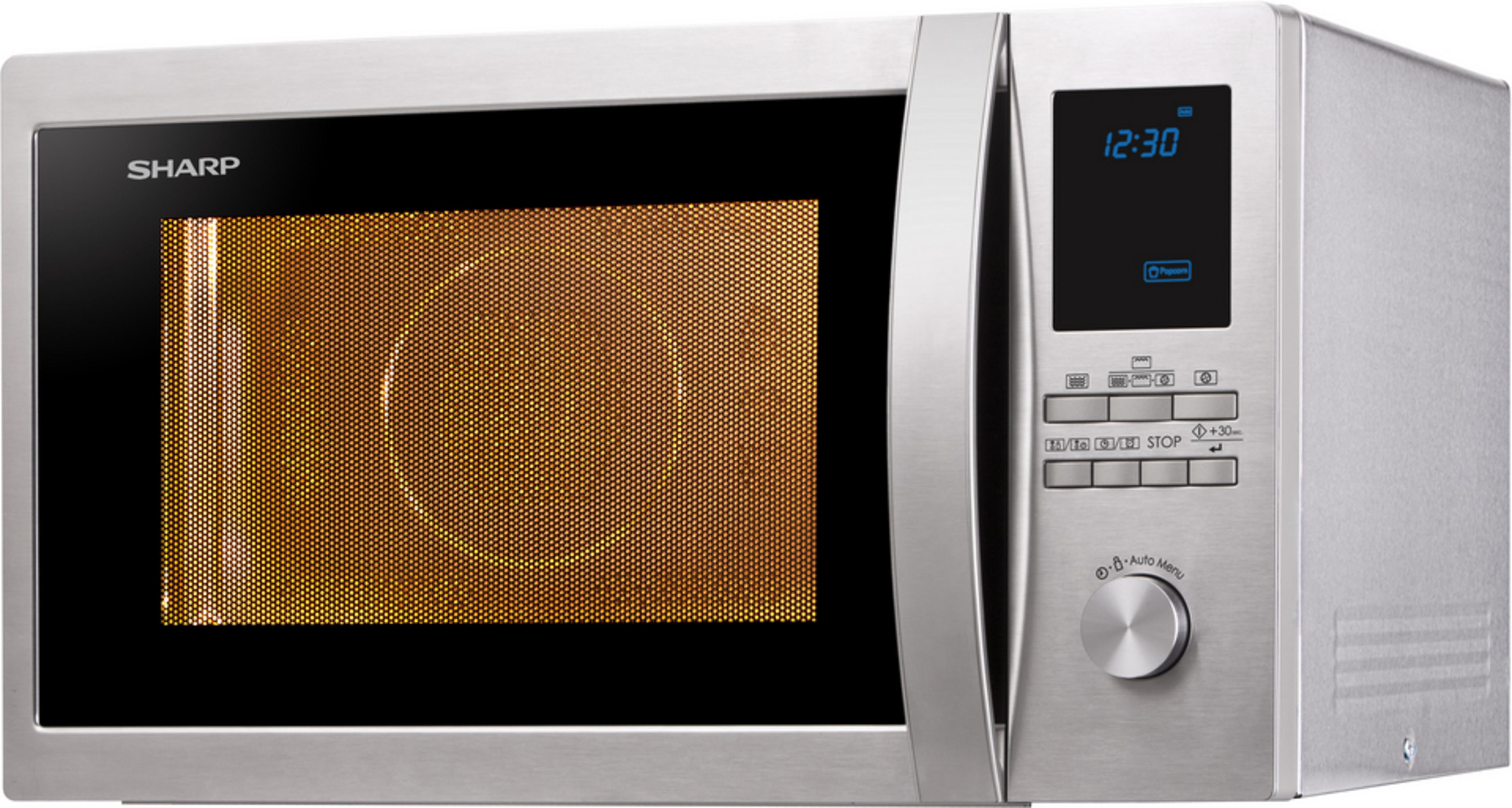 Silver microwave with a black door and digital display.