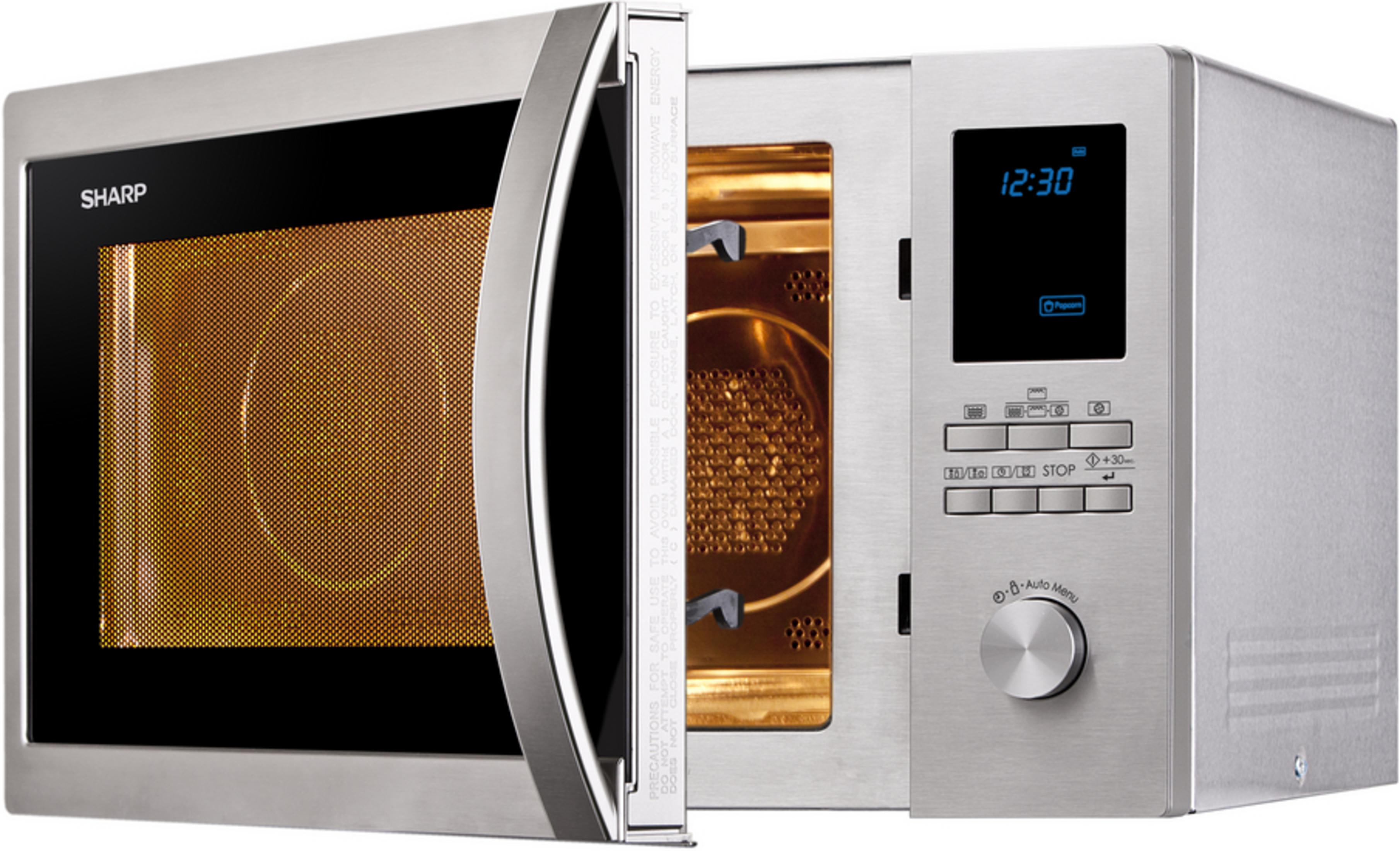 A silver Sharp microwave oven with its door open and a lit digital display.