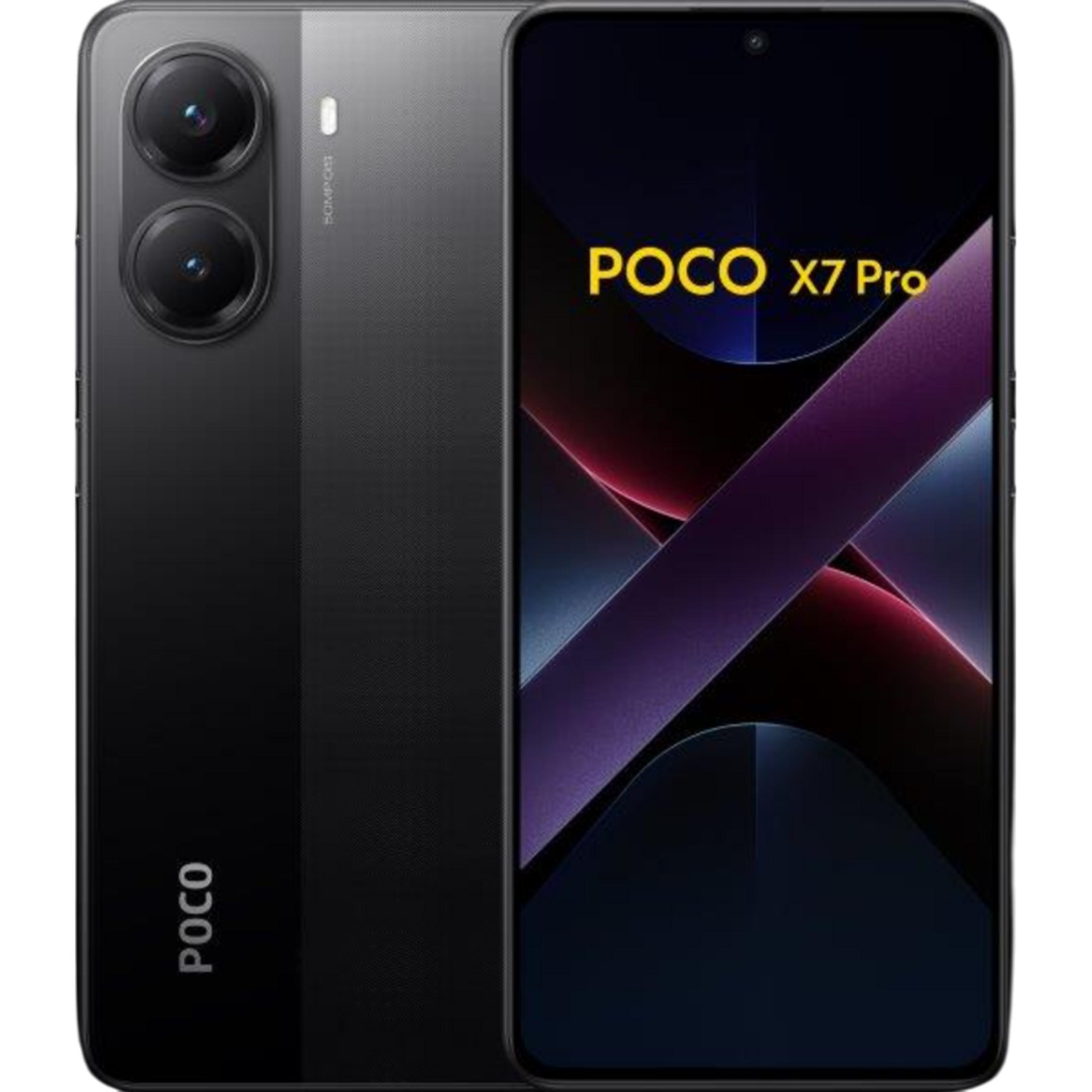 Czarny smartfon z napisem POCO X7 Pro i podwójnymi obiektywami.