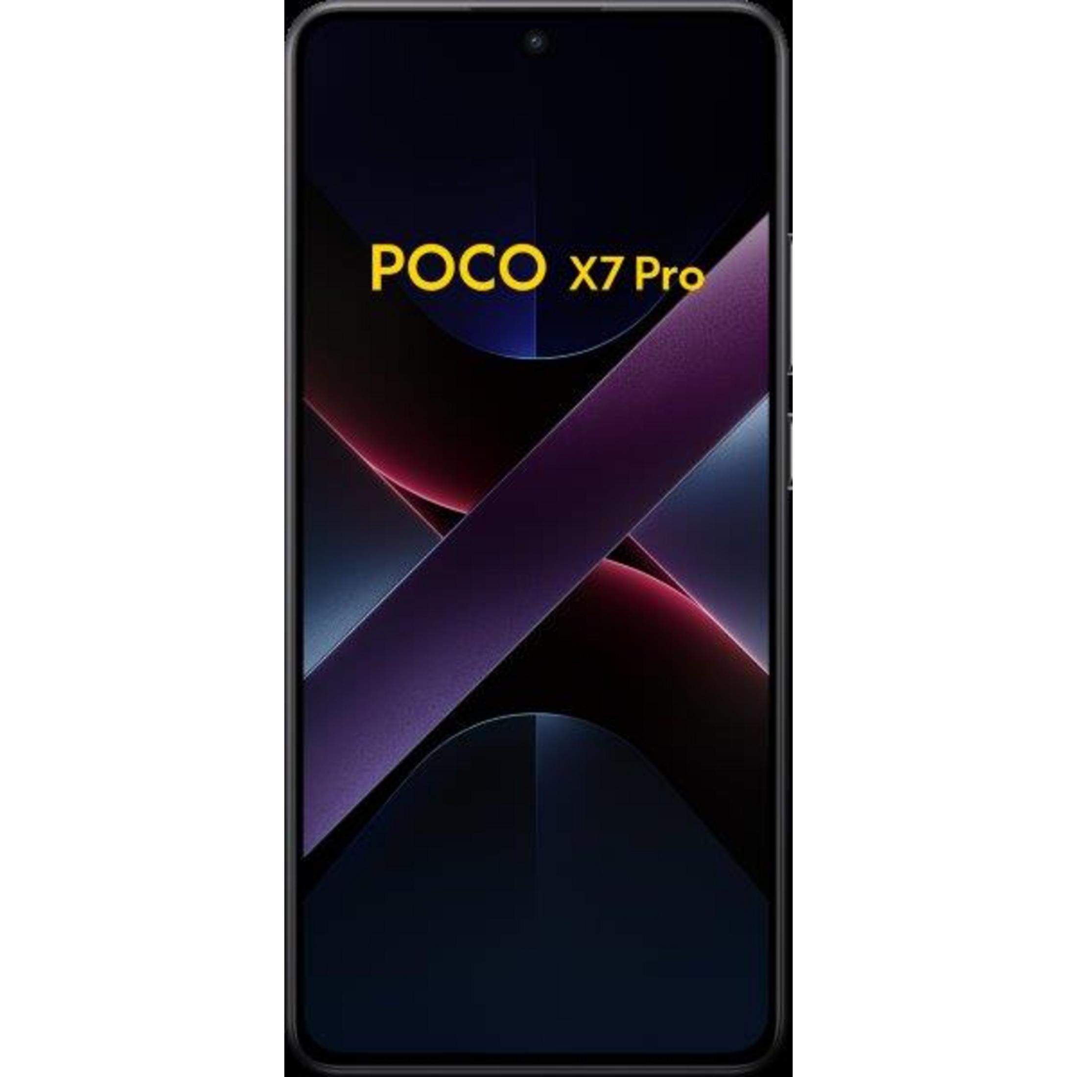 Czarny smartfon z żółtym napisem 'POCO X7 Pro' i abstrakcyjną grafiką tła.