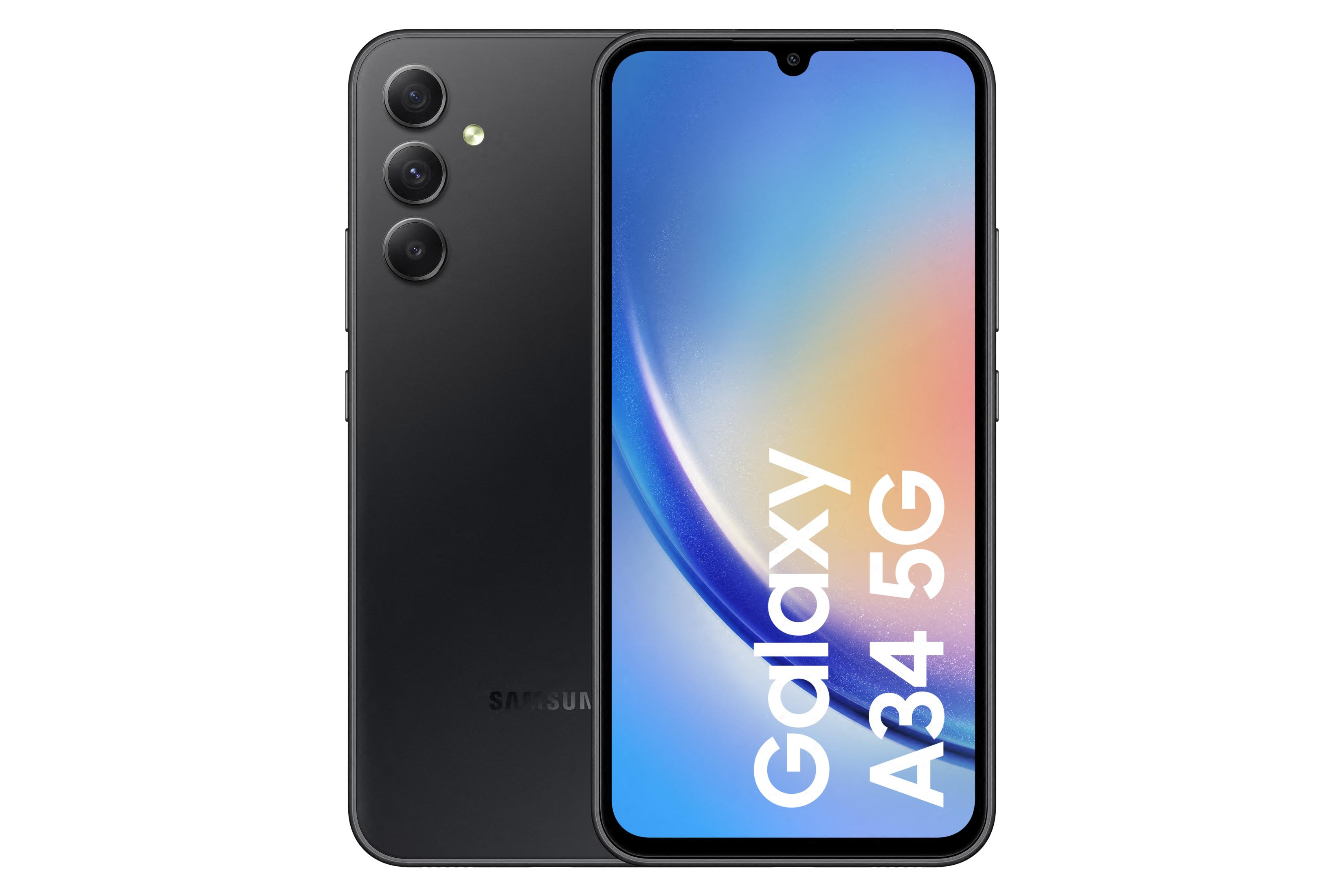 Czarny telefon Samsung Galaxy A34 5G, tył z trzema aparatami.