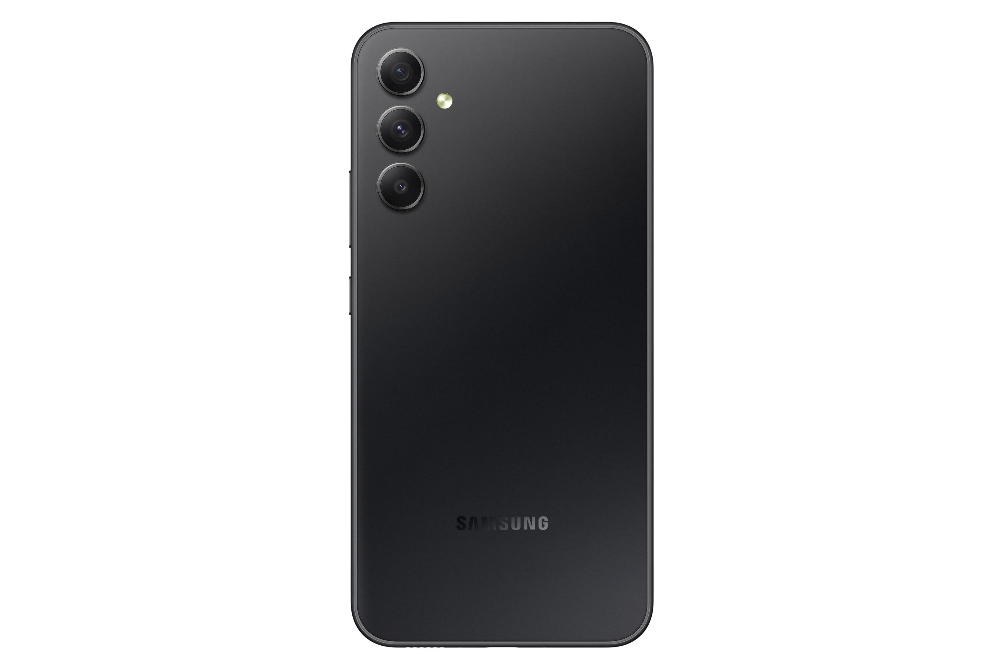 Tył czarnego smartfona Samsung z trzema aparatami i lampą błyskową.