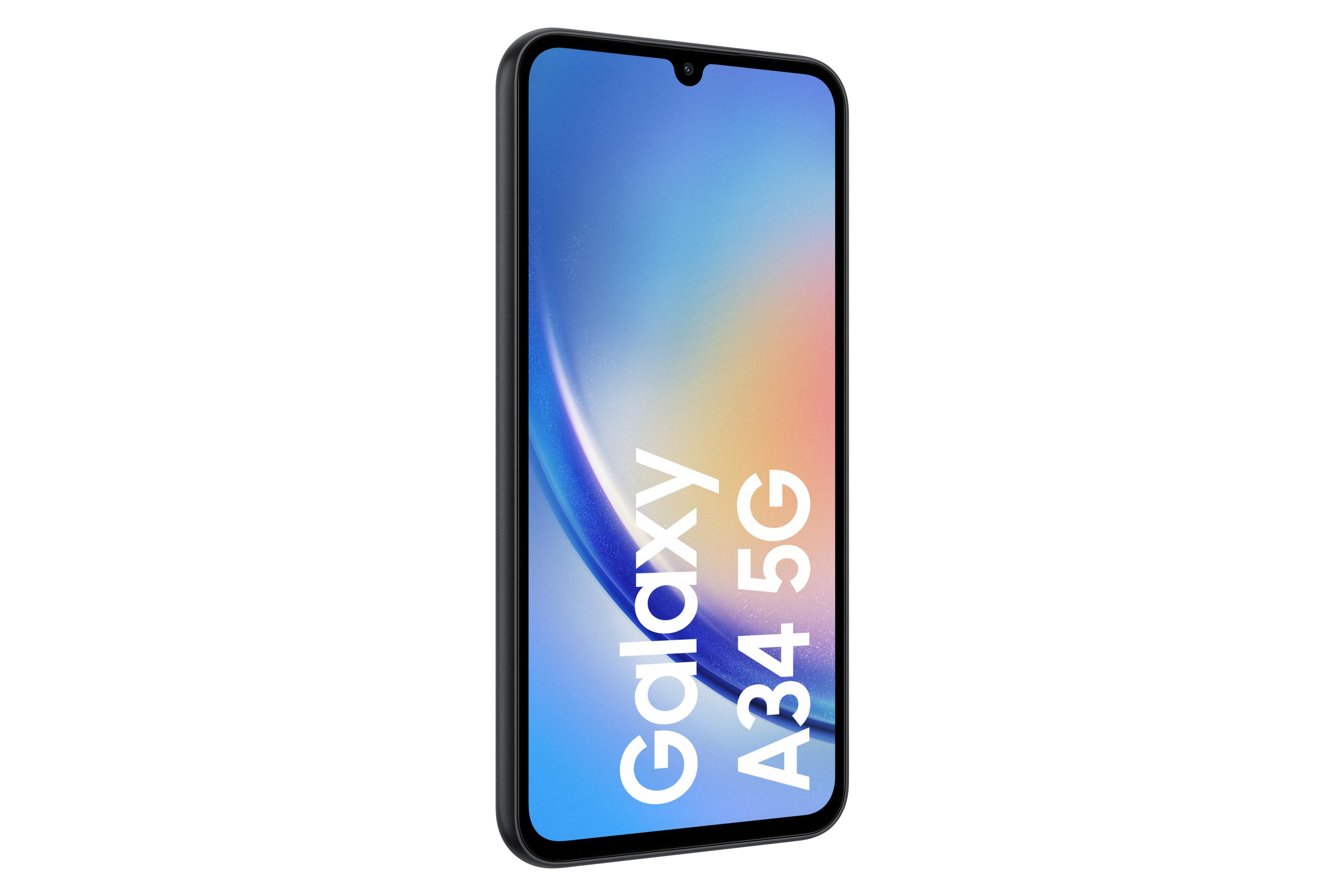 Czarny smartfon Samsung Galaxy A34 5G z niebiesko-pomarańczowym tłem.
