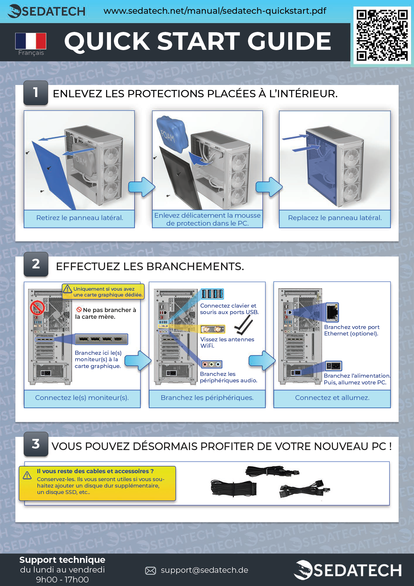 Guide de démarrage rapide : Ouvrir boîtier PC, retirer mousse, fixer panneau.