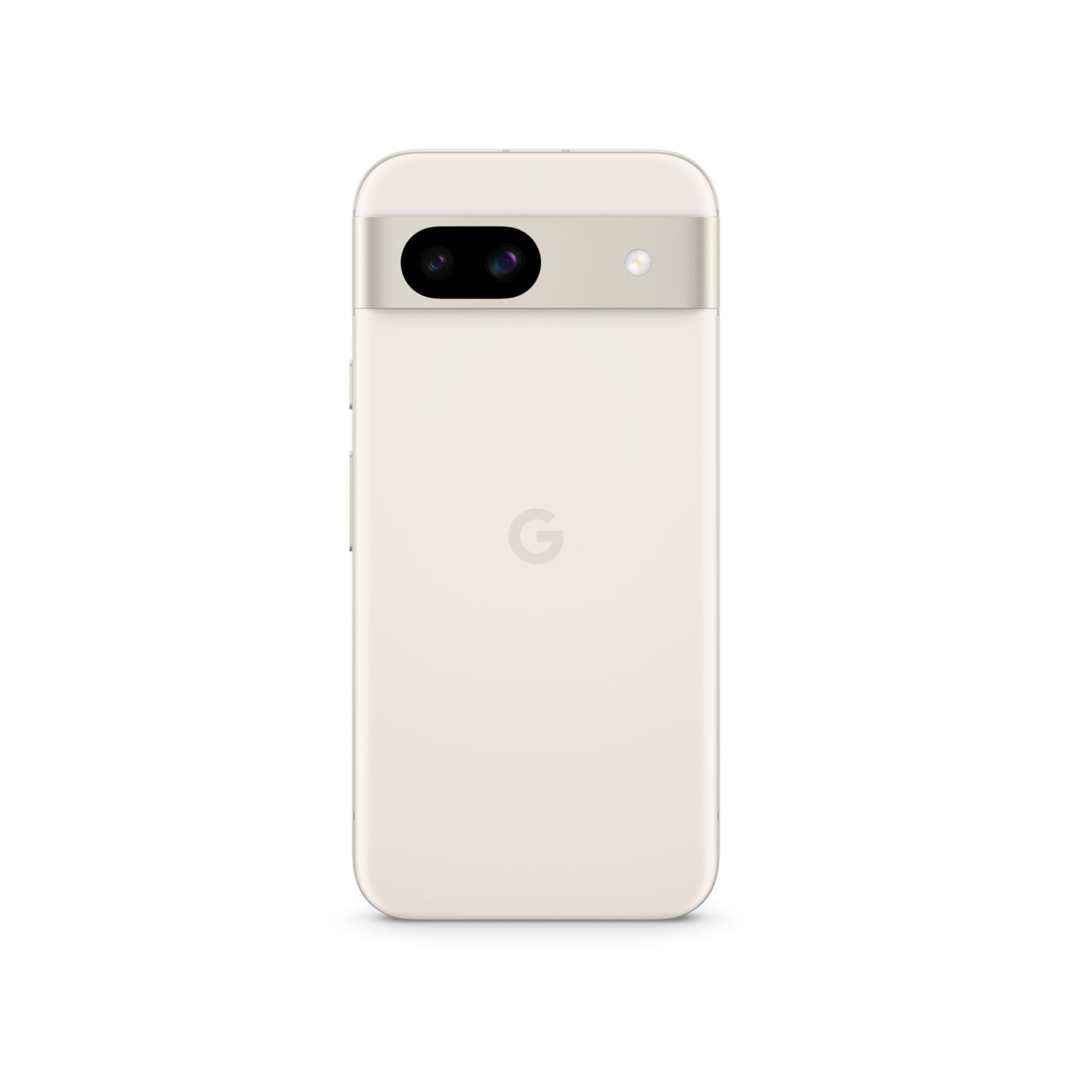 Jasno beżowy smartfon Google Pixel 7a, widok od tyłu, z podwójnym aparatem i lampą błyskową.