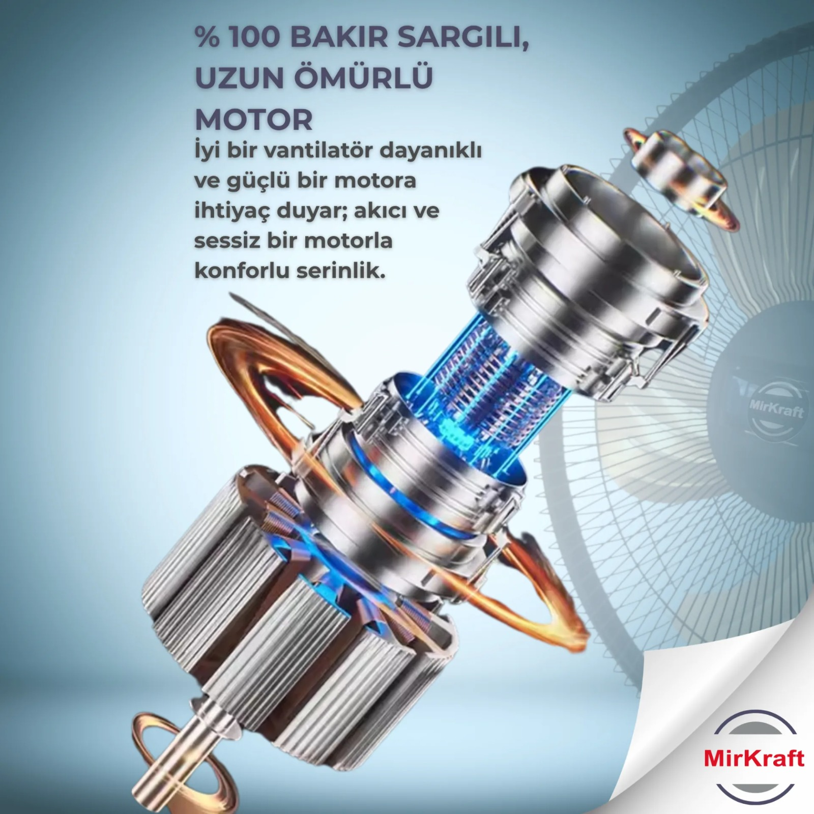 Mavi ışıklı ve bakır parçalı detaylı motor, fanın önünde.