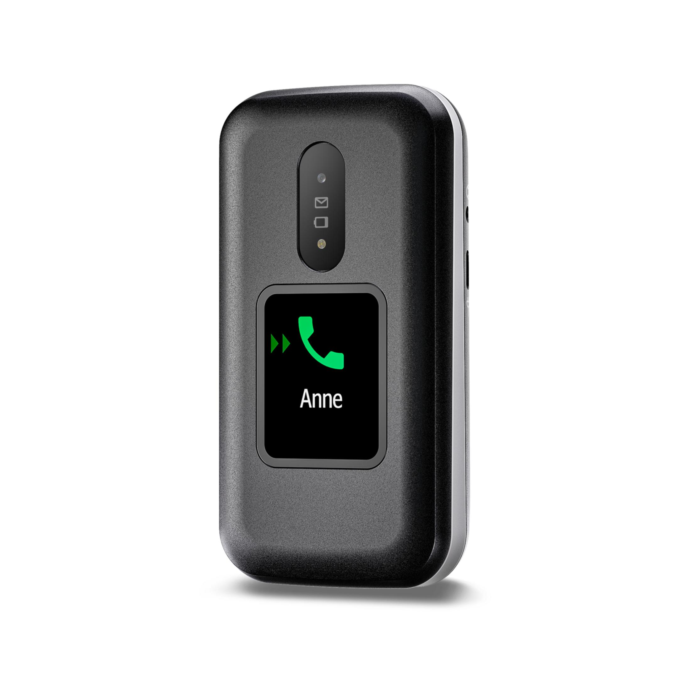 Un auricular negro con un icono de teléfono verde y nombre.