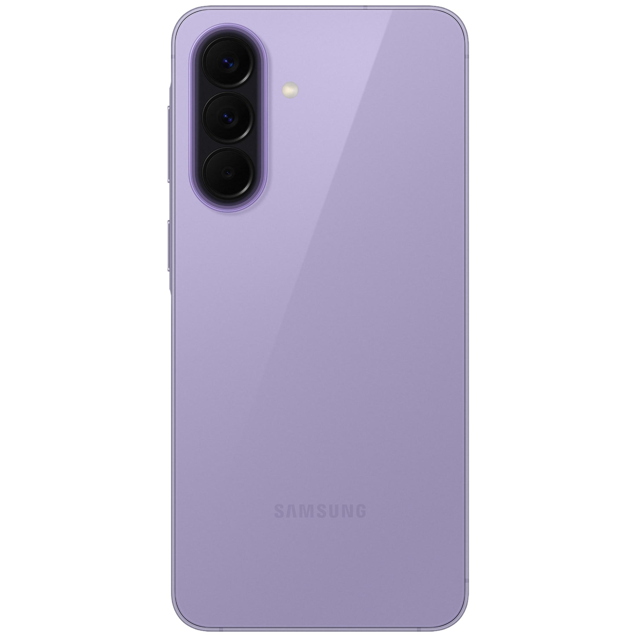 Fioletowy smartfon Samsung z trzema obiektywami i lampą błyskową z tyłu.