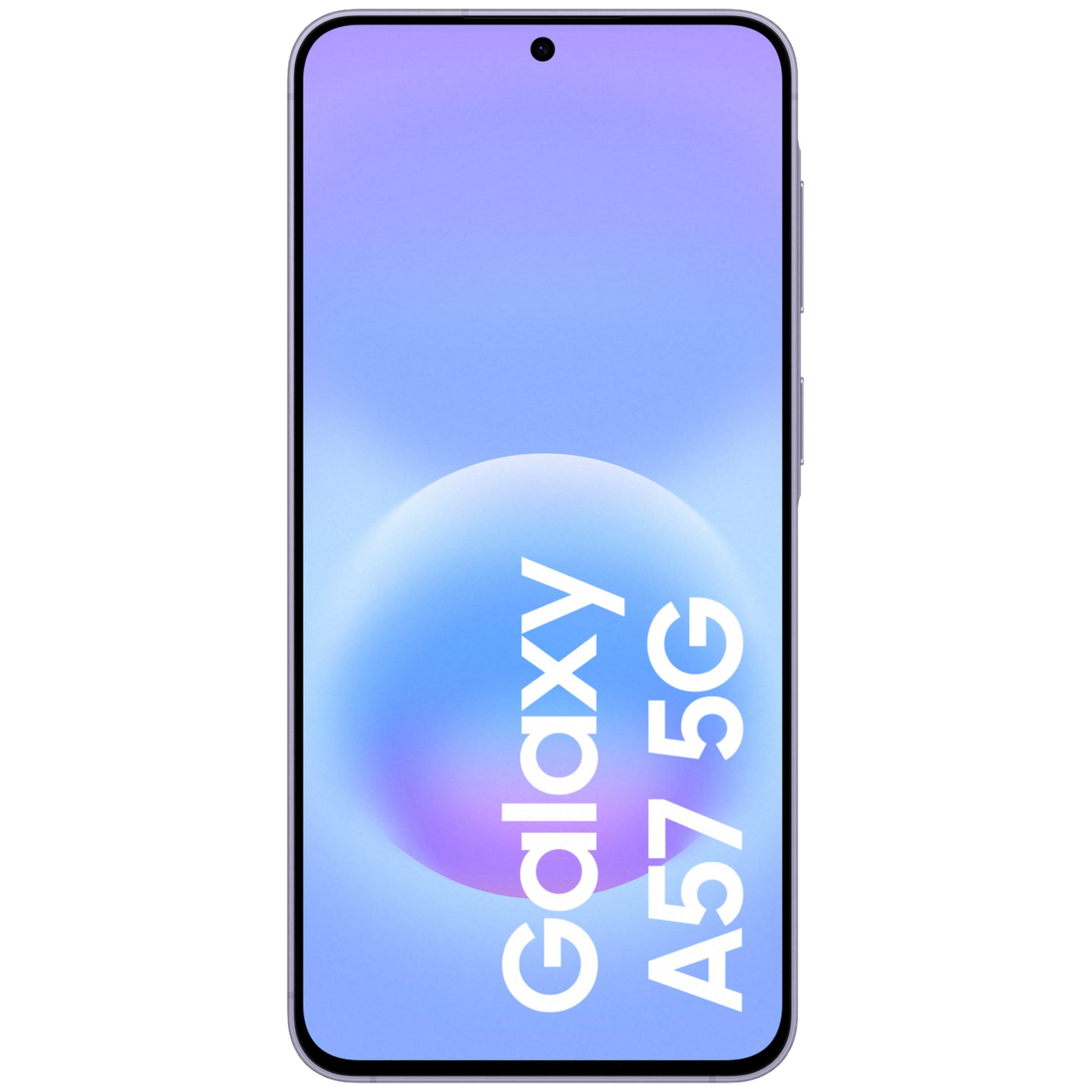 Fioletowy smartfon Samsung Galaxy A57 5G z miękkim gradientowym tłem.