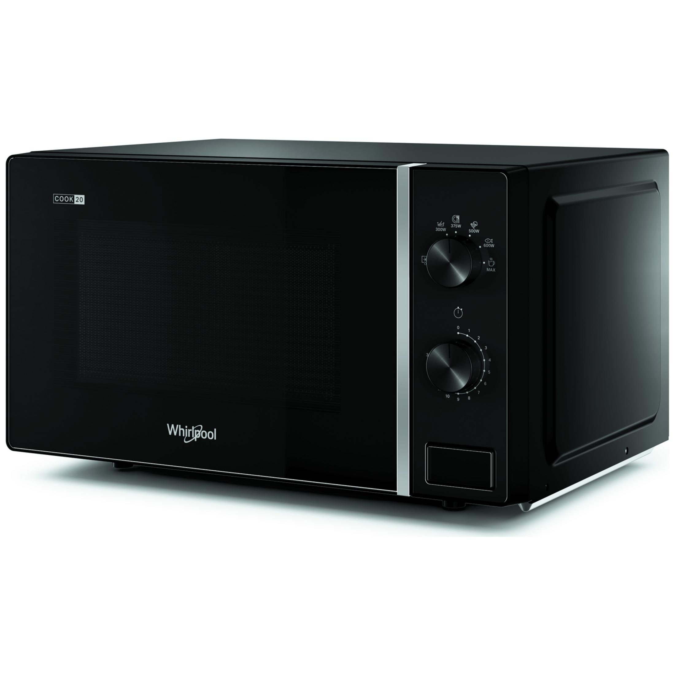 Zwarte Whirlpool magnetron met zilveren knoppen en digitale display.