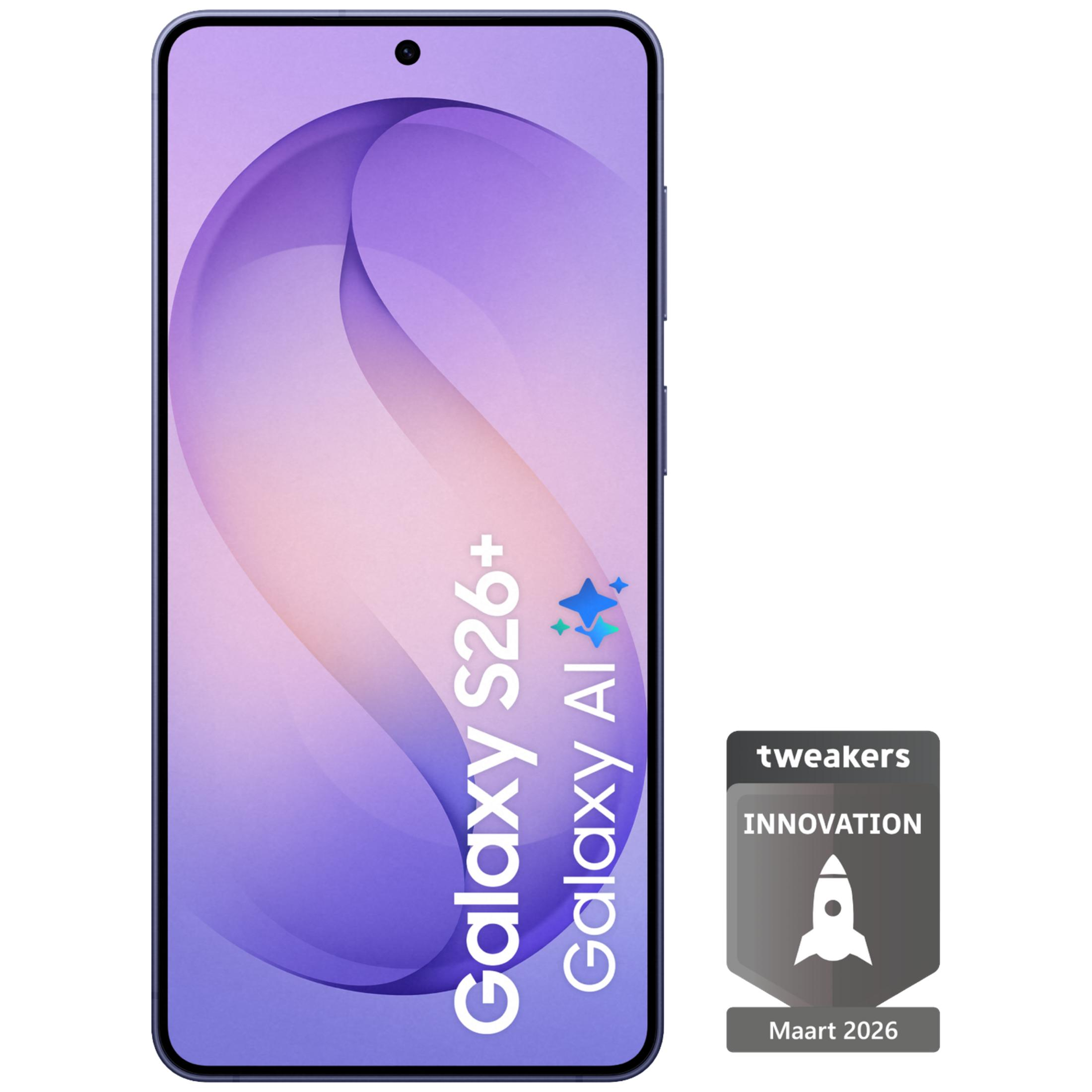 Fioletowy smartfon z napisem Galaxy S26+ AI i plakietką innowacji.