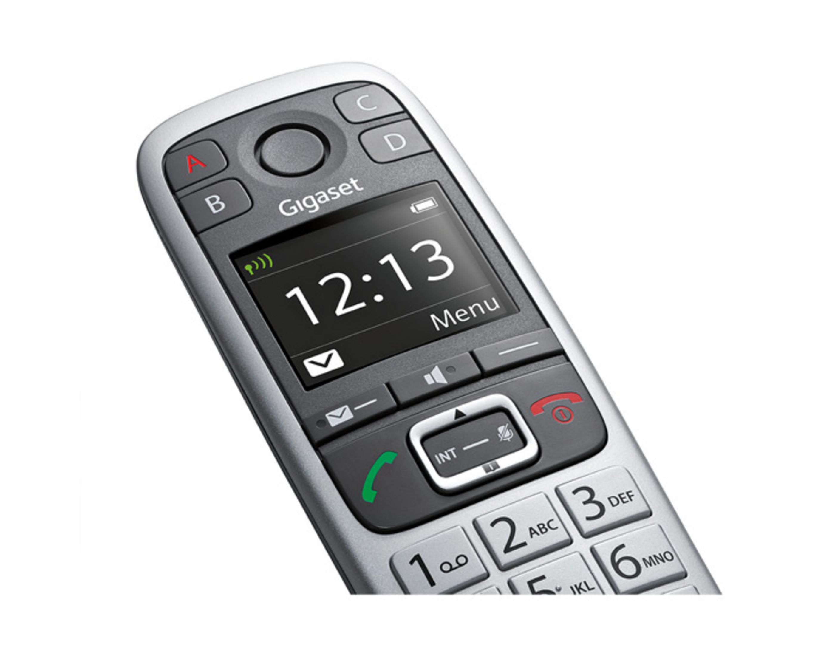 Gigaset draadloze telefoon met display waarop 12:13 wordt weergegeven.