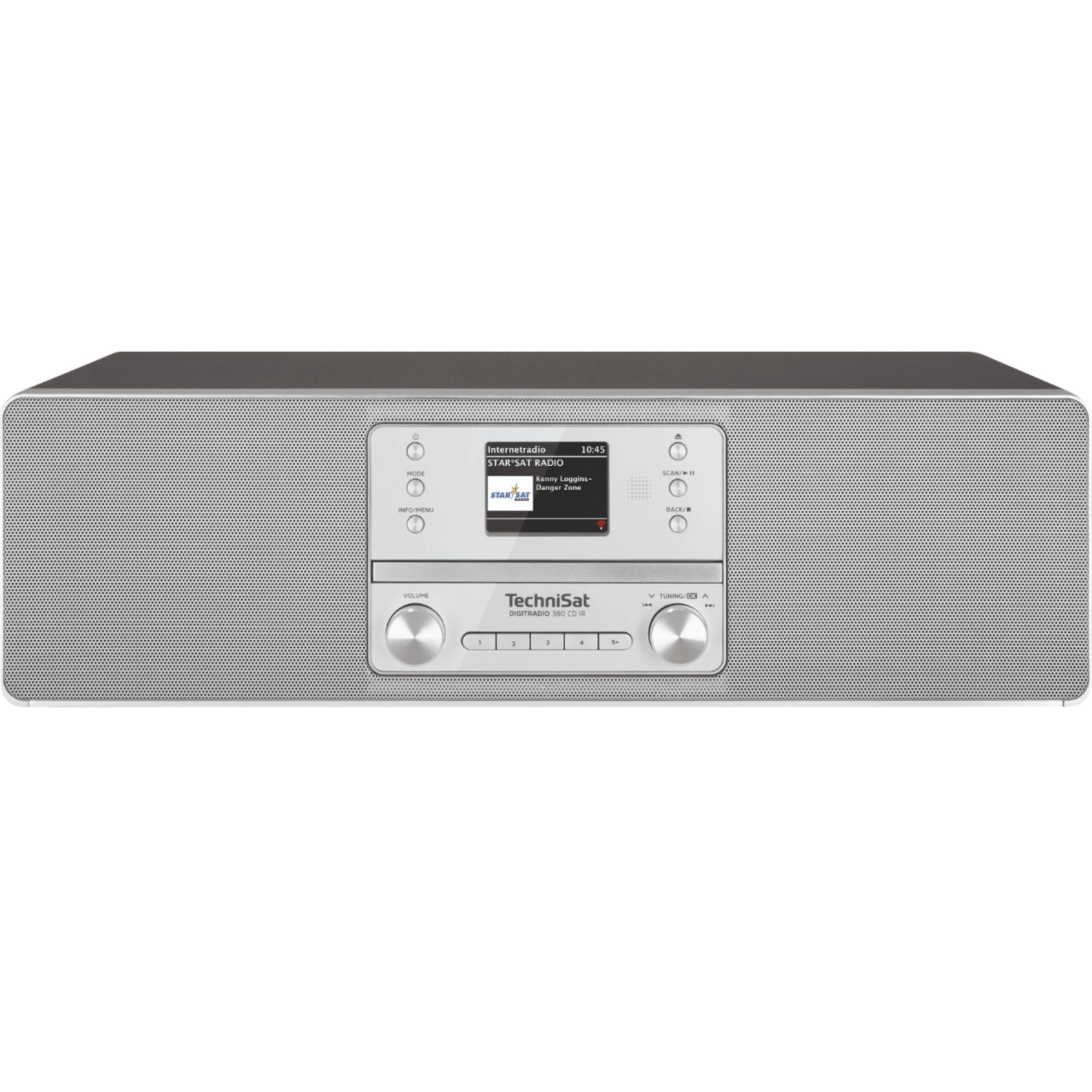 Een zilverkleurige TechniSat Digiradio 380 CD IR met display en knoppen.