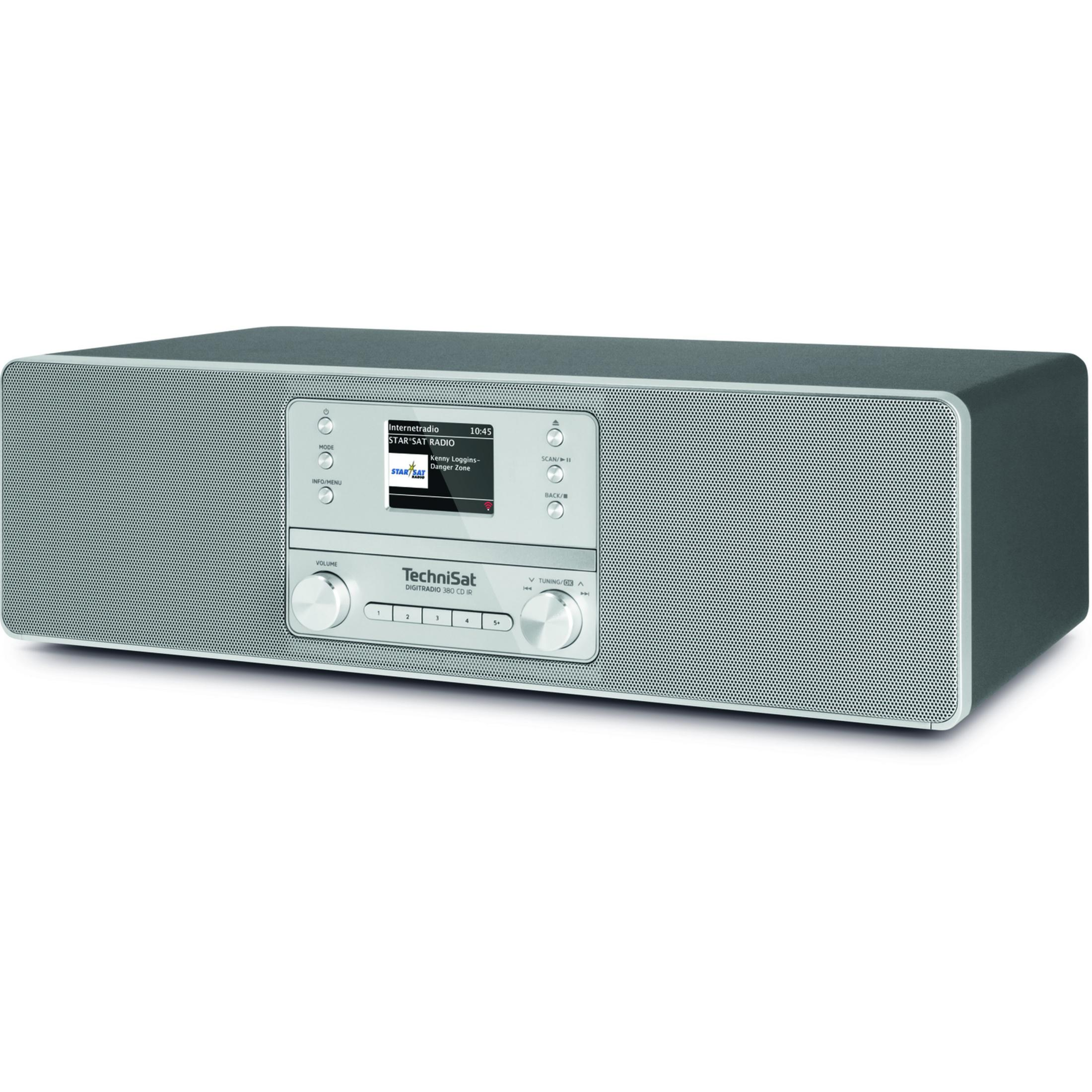 Een zilveren TechniSat internetradio met display, knoppen en volumeknop.