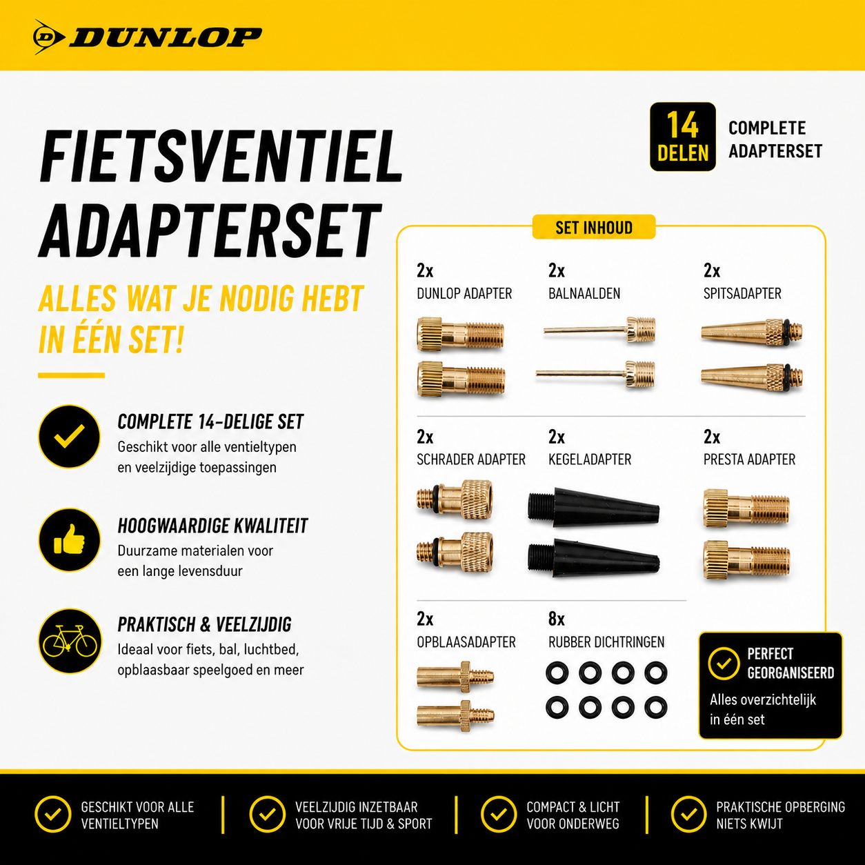 Dunlop bicycle valve adapter set with 14 gold and black parts.