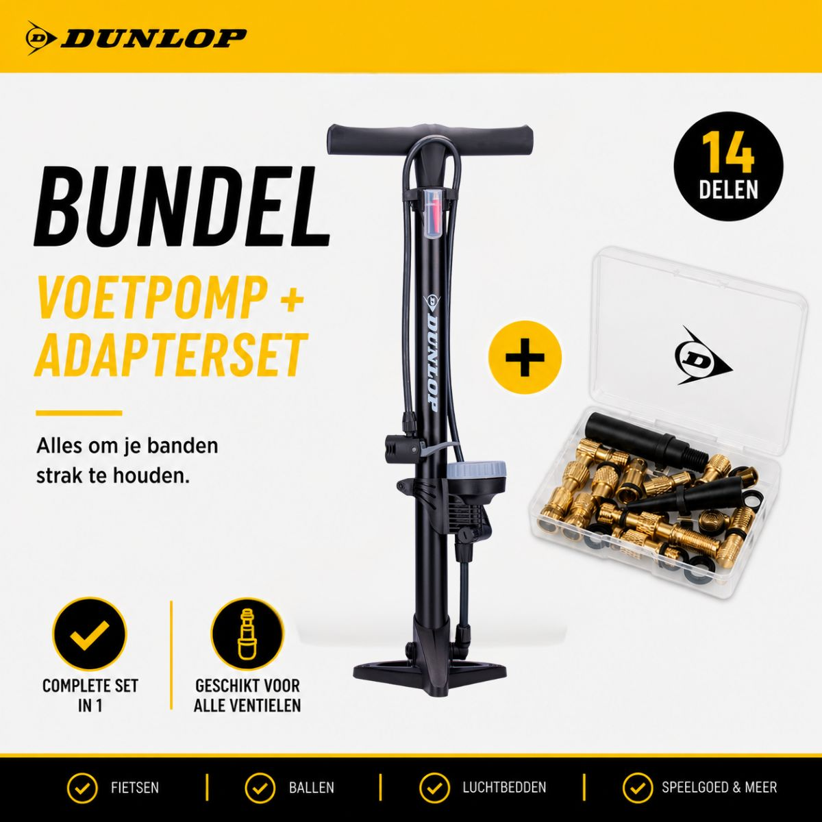 Dunlop foot pump and adapter set with 14 parts for tires, balls and more.