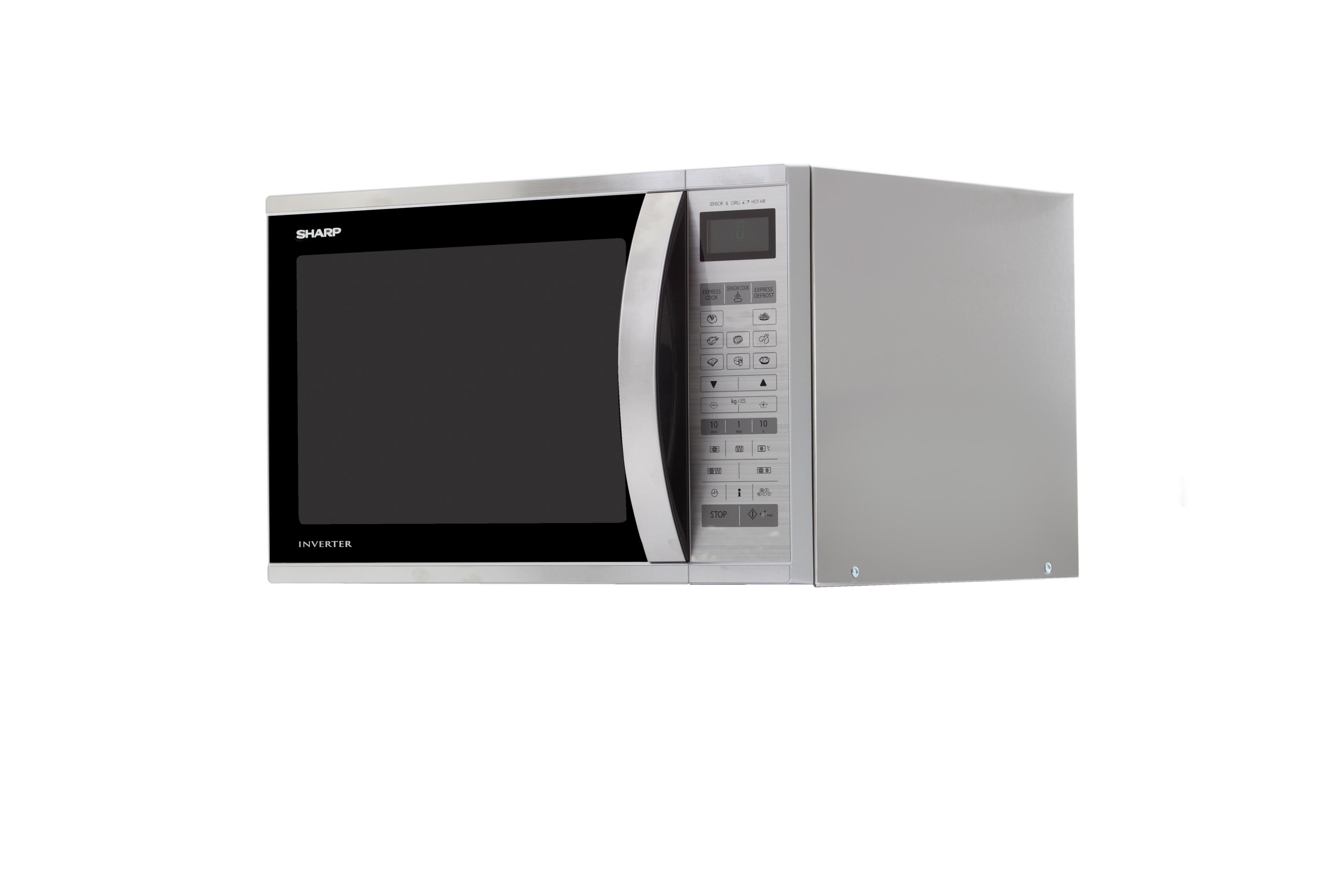 A silver Sharp microwave oven with a black door and control panel.