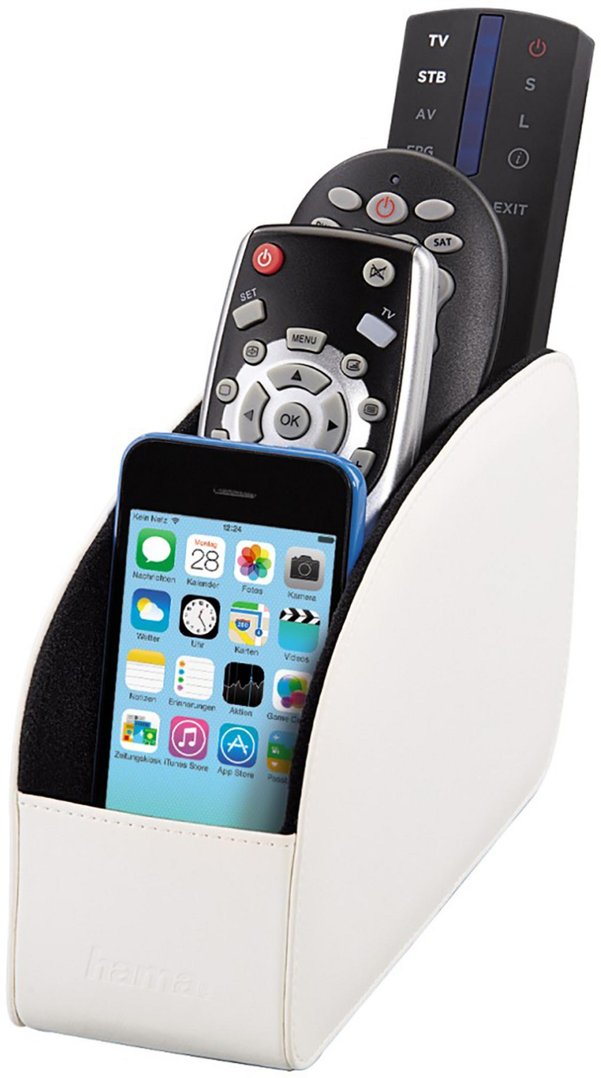 Weier Halter mit Telefon und Fernbedienungen. Telefonbildschirm zeigt Apps. Fernbedienungen sind schwarz und grau.