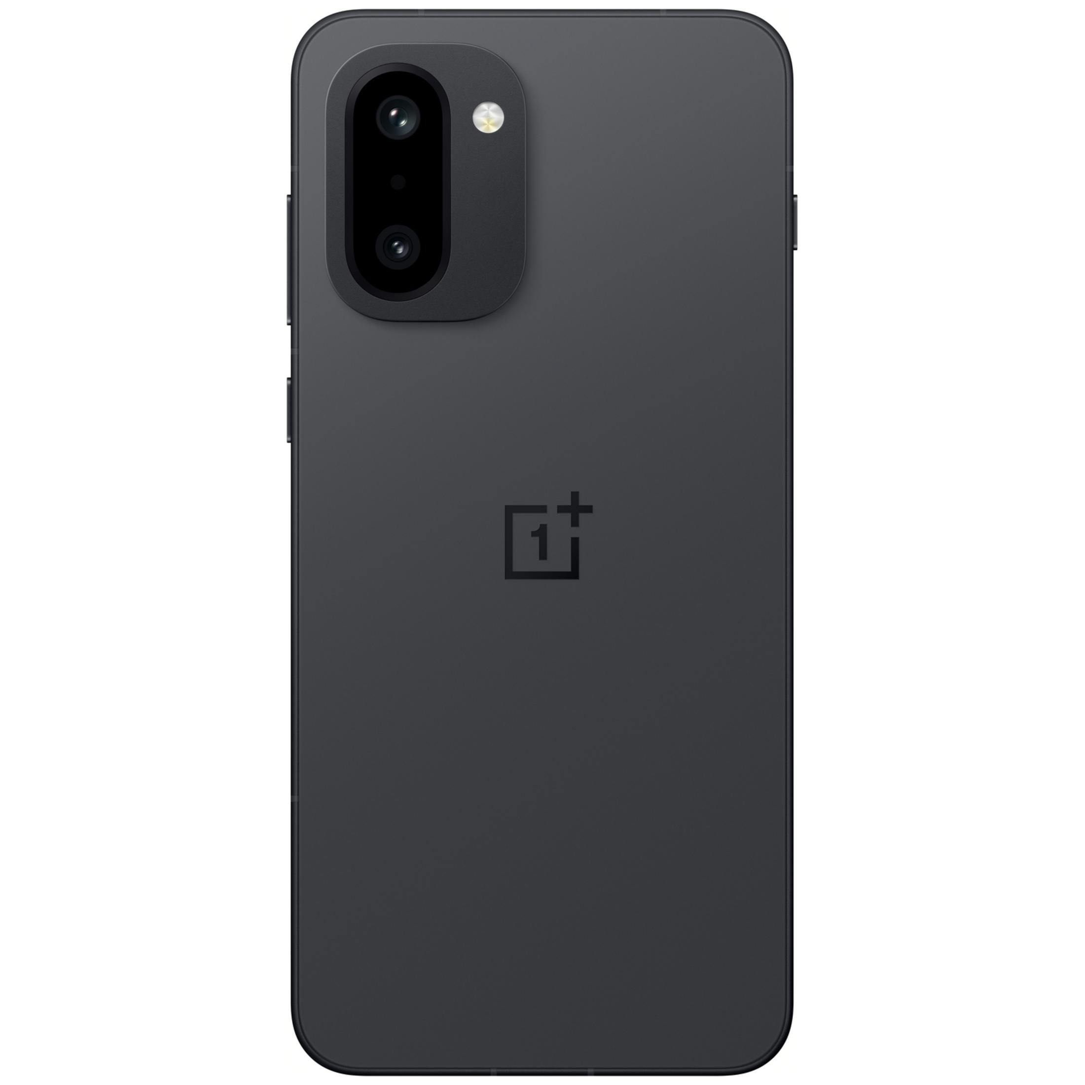 Achterkant van een donkere OnePlus smartphone met camerapodule en logo.