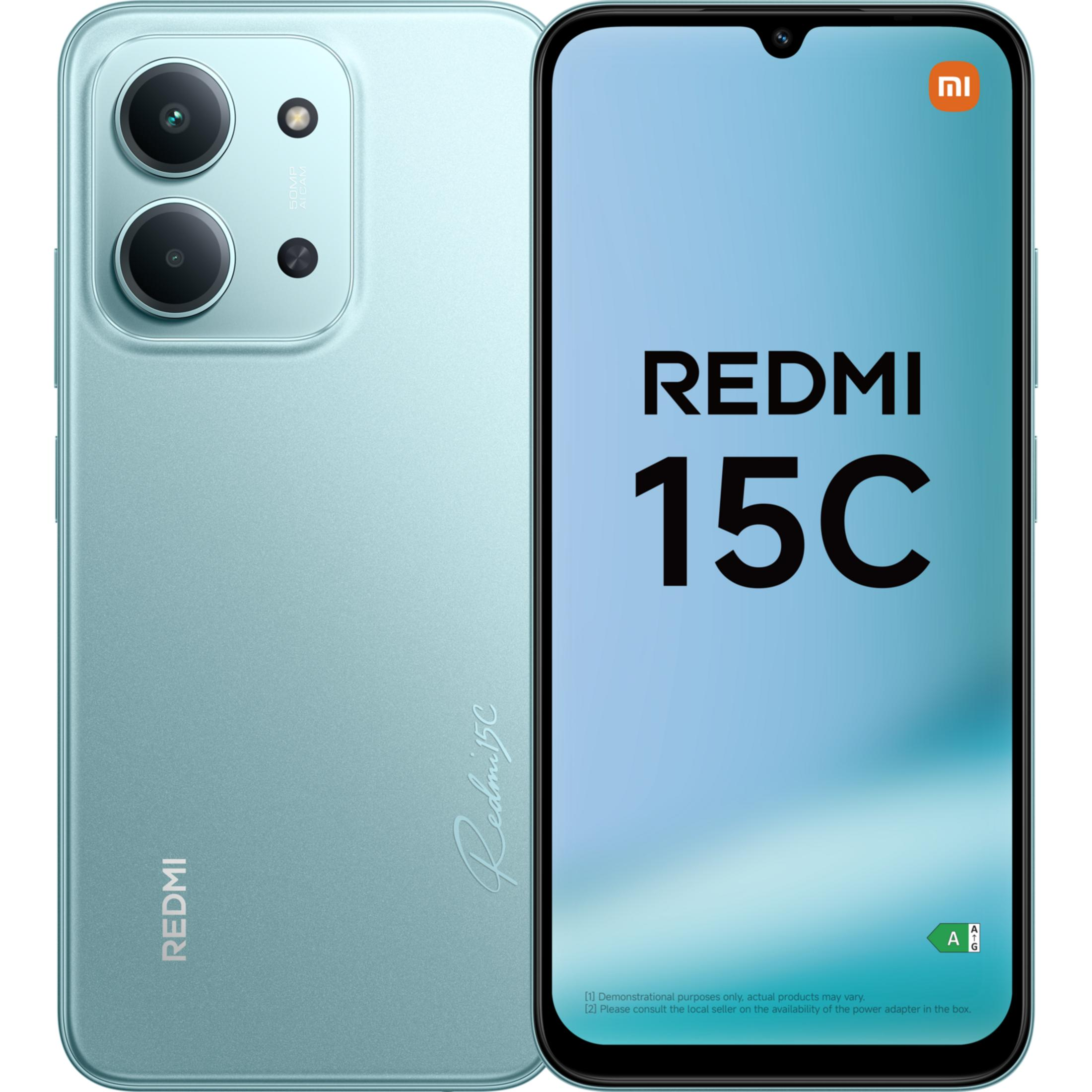 A light green smartphone with dual rear cameras and Redmi 15C text on screen.